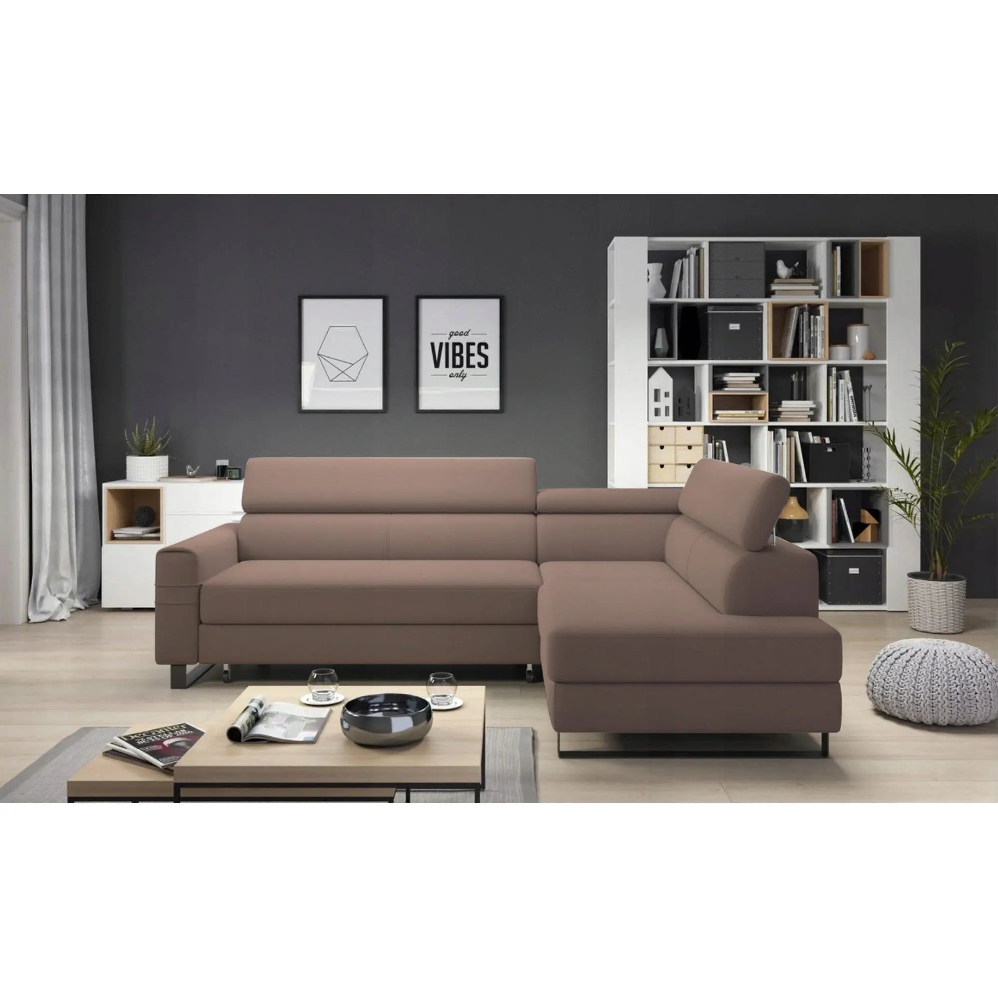 Coltar extensibil LIVIO, sezlong dreapta, stofa catifelata cappuccino - Palladium 04, Gama Premium, cu lada depozitare si tetiere reglabile, 249x184x90 cm