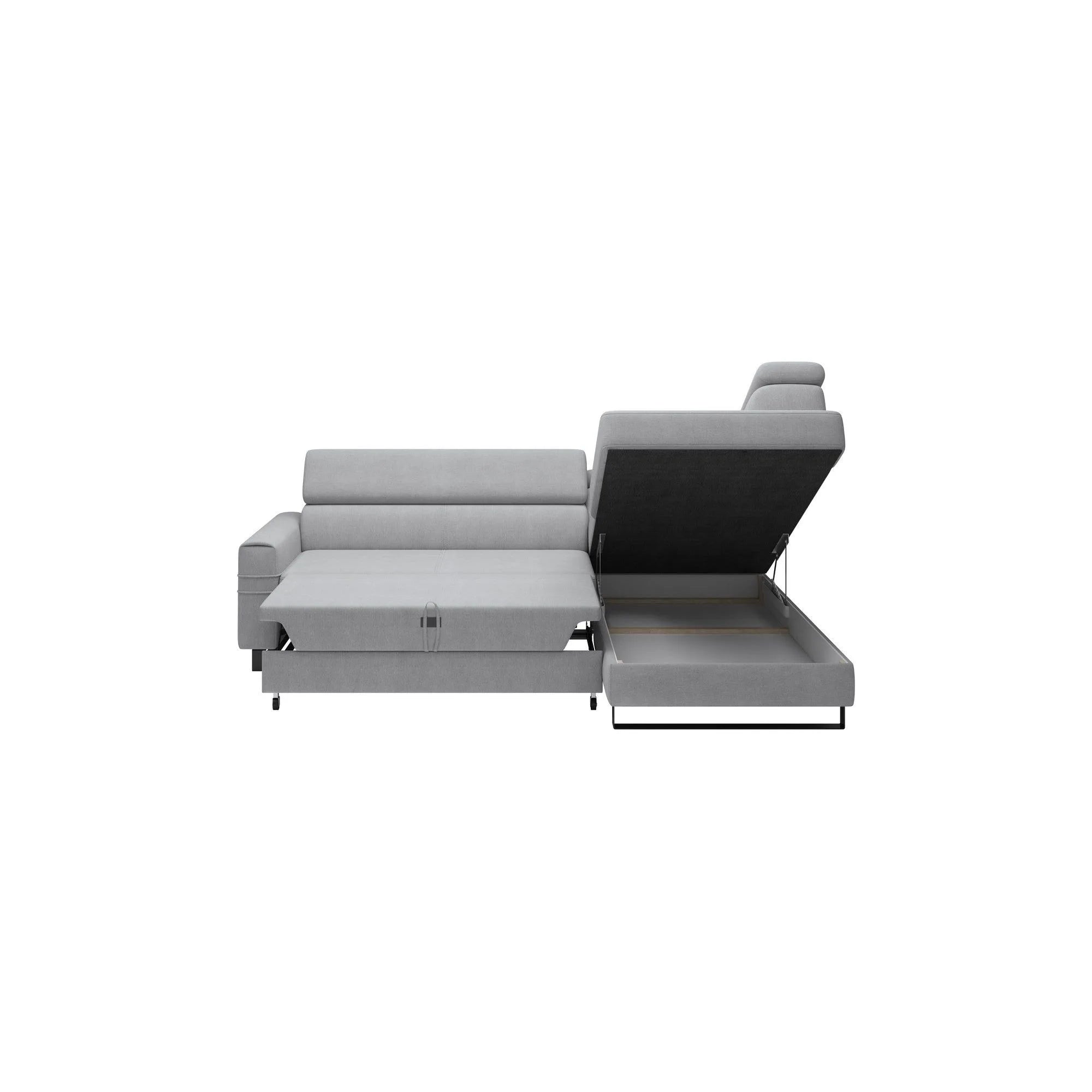 Coltar extensibil LIVIO, sezlong dreapta, stofa catifelata cappuccino - Palladium 04, Gama Premium, cu lada depozitare si tetiere reglabile, 249x184x90 cm