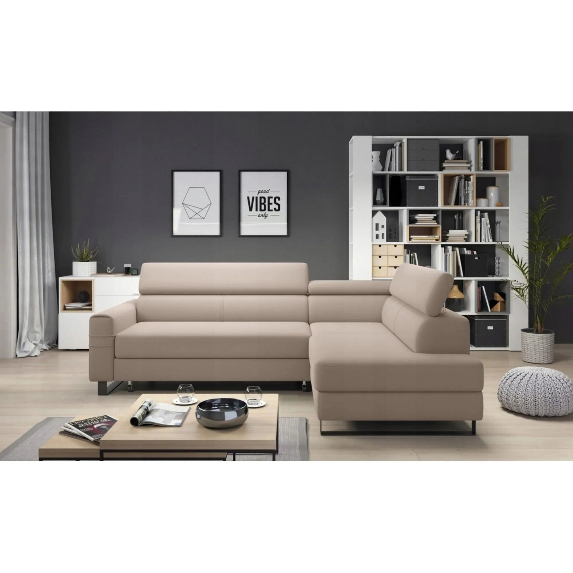 Coltar extensibil LIVIO, sezlong dreapta, stofa catifelata gri - Element 4, Gama Premium, cu lada depozitare si tetiere reglabile, 249x184x90 cm