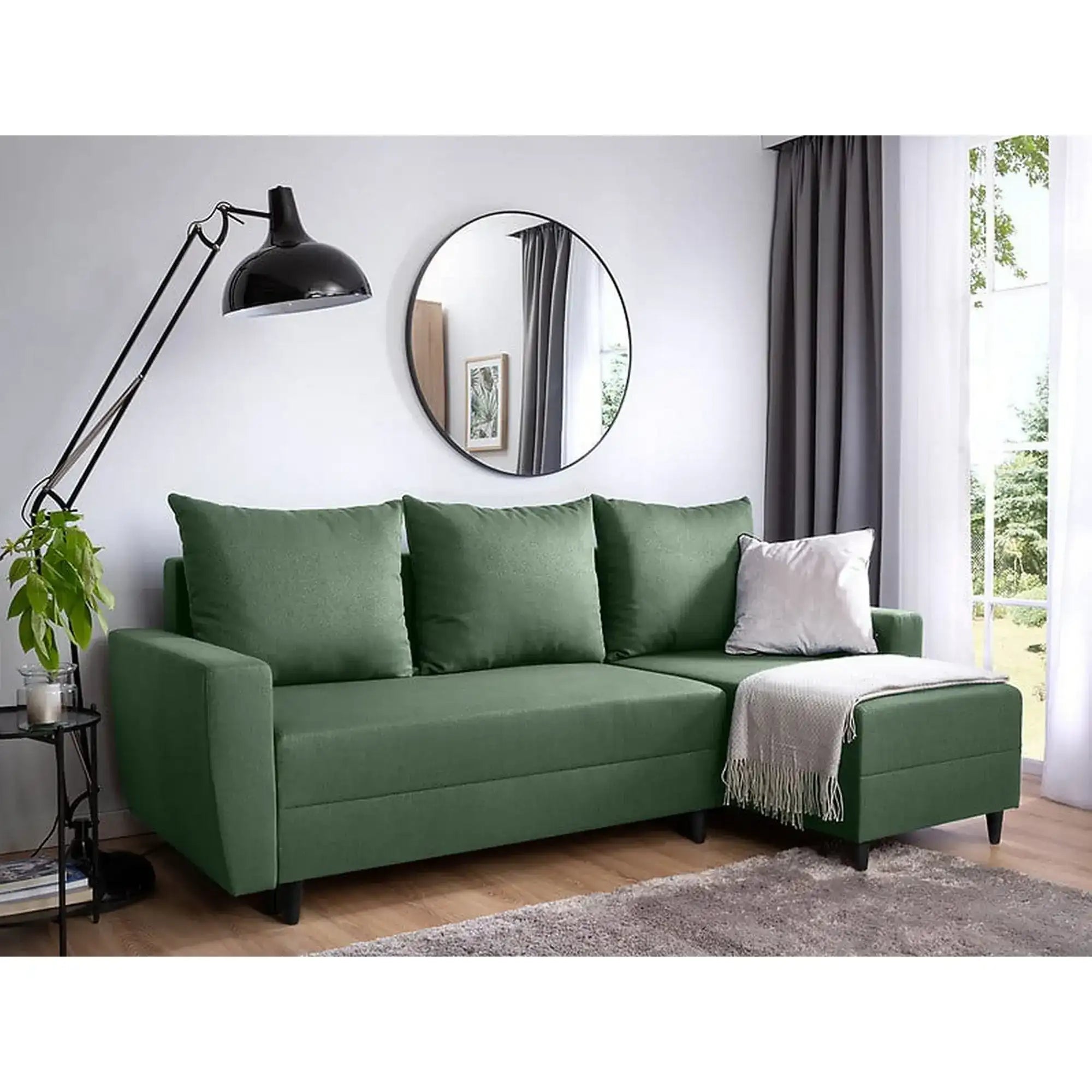 Coltar extensibil MALIN, universal, stofa clasica verde - Neve 34, cu lada depozitare, 230x136x98 cm