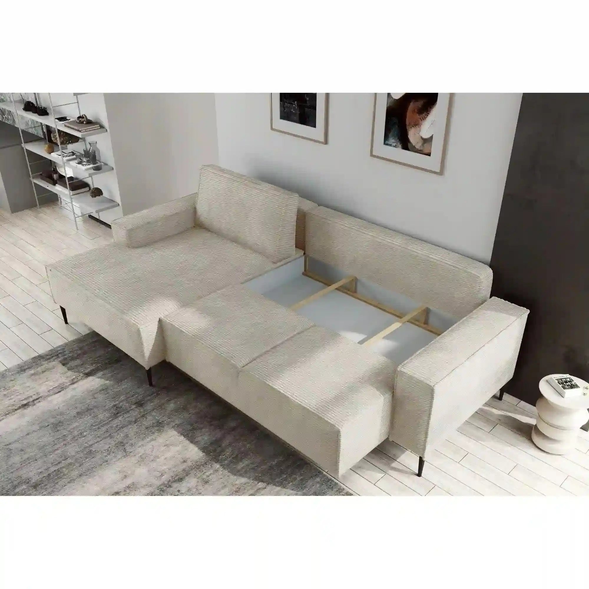 Coltar extensibil MATANO, sezlong stanga, stofa catifelata bej deschis - Ontario 02, Gama Premium, cu lada depozitare, 270x163x89 cm