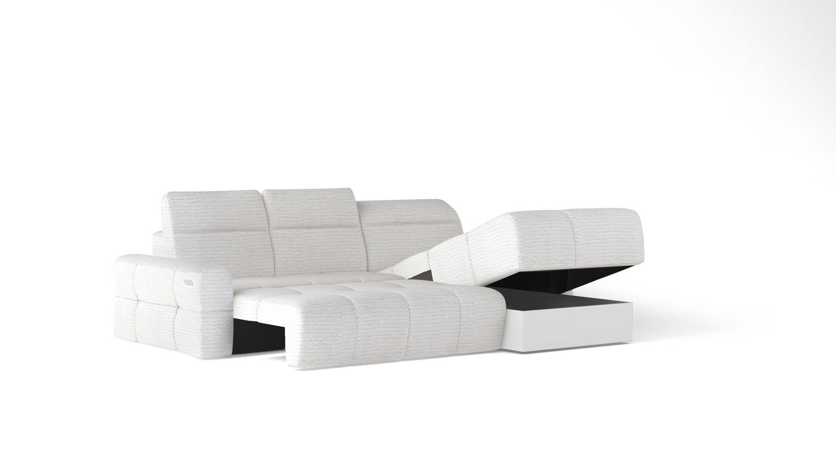 Coltar extensibil MATEO S, personalizabil materiale Oferta Avantaj, cu lada depozitare si tetiere reglabile, 273x183x99 cm