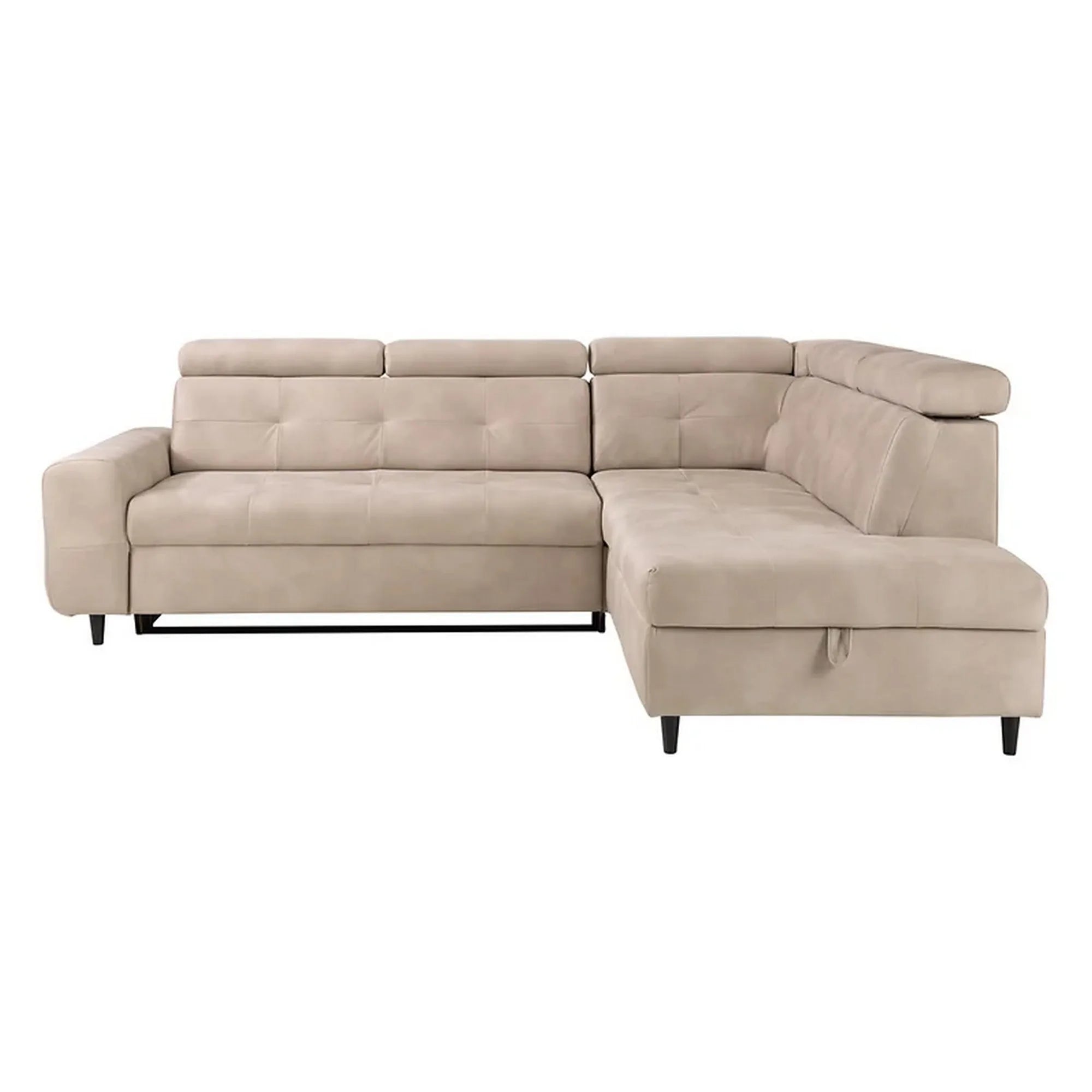 Coltar extensibil MATRAS, sezlong dreapta, stofa catifelata bej - Letto 11, cu lada depozitare si tetiere reglabile, 263x205x98 cm