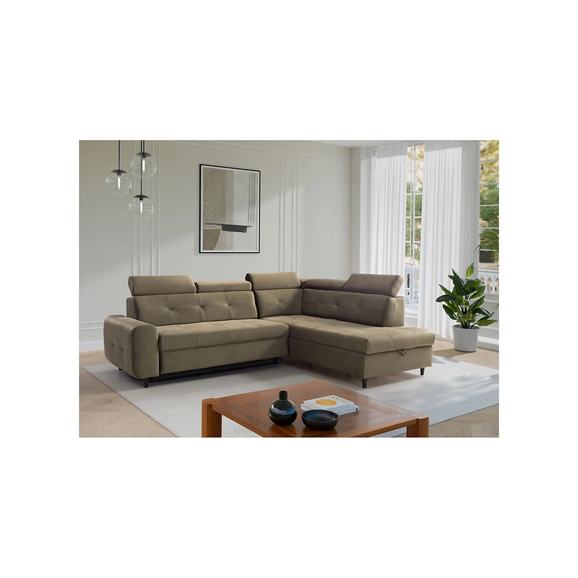 Coltar extensibil MATRAS, sezlong dreapta, stofa catifelata verde olive - Letto 38, cu lada depozitare, 263x205x98 cm