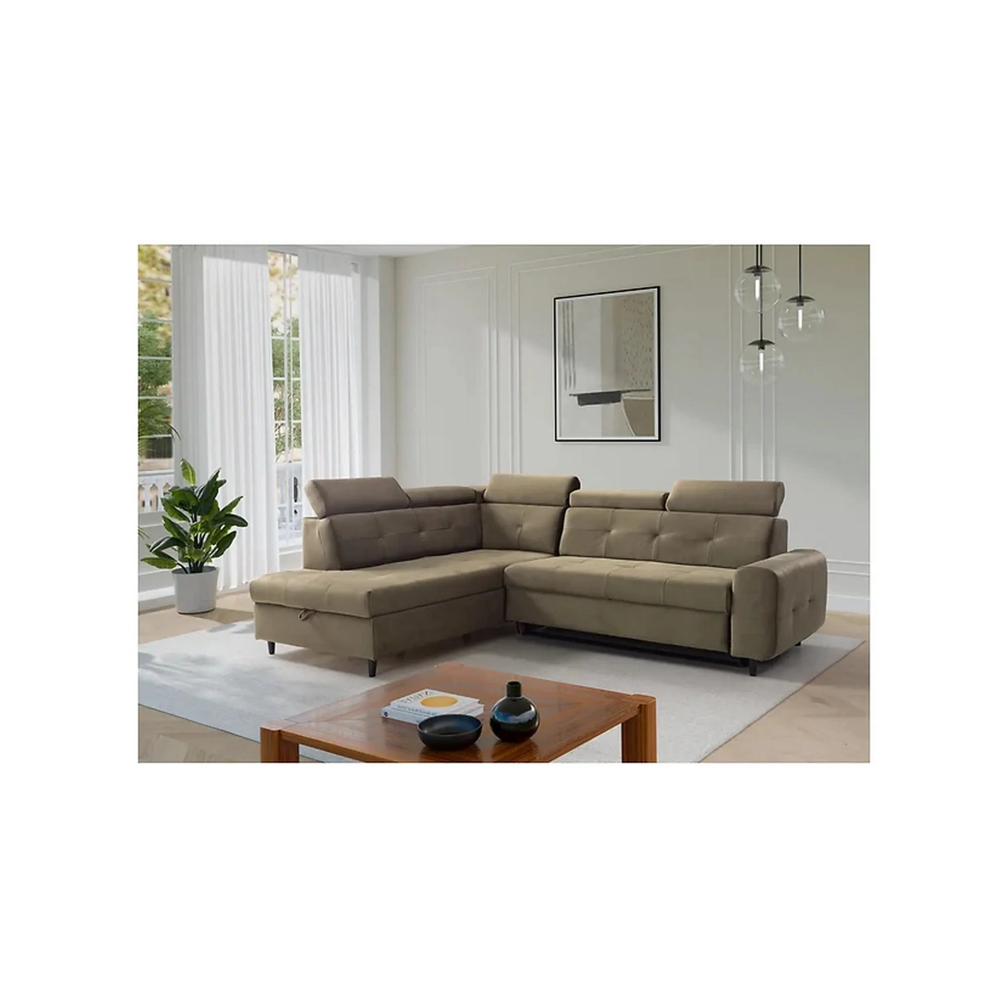 Coltar extensibil MATRAS, sezlong stanga, stofa catifelata verde olive - Letto 38, cu lada depozitare si tetiere reglabile, 263x205x98 cm