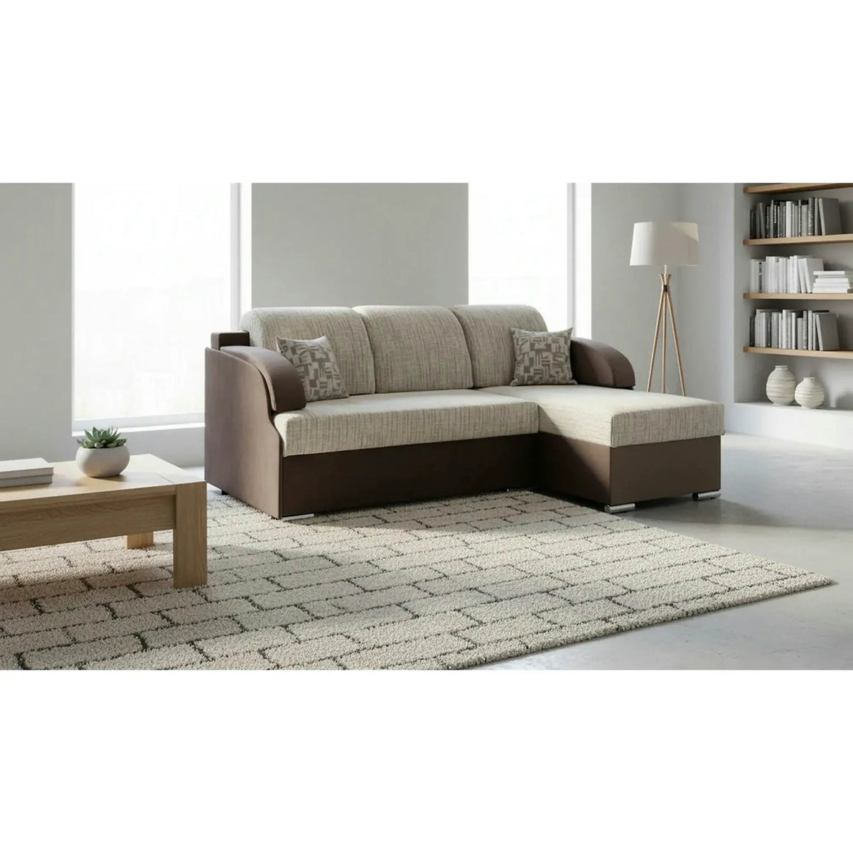 Coltar extensibil MERIN, universal, stofa catifelata maro/gri, cu lada depozitare, 205x138x89 cm