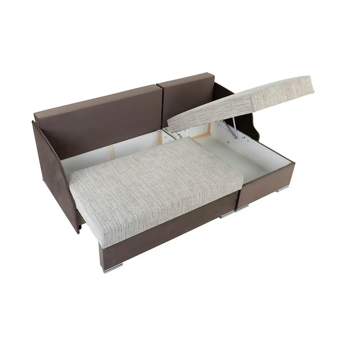 Coltar extensibil MERIN, universal, stofa catifelata maro/gri, cu lada depozitare, 205x138x89 cm