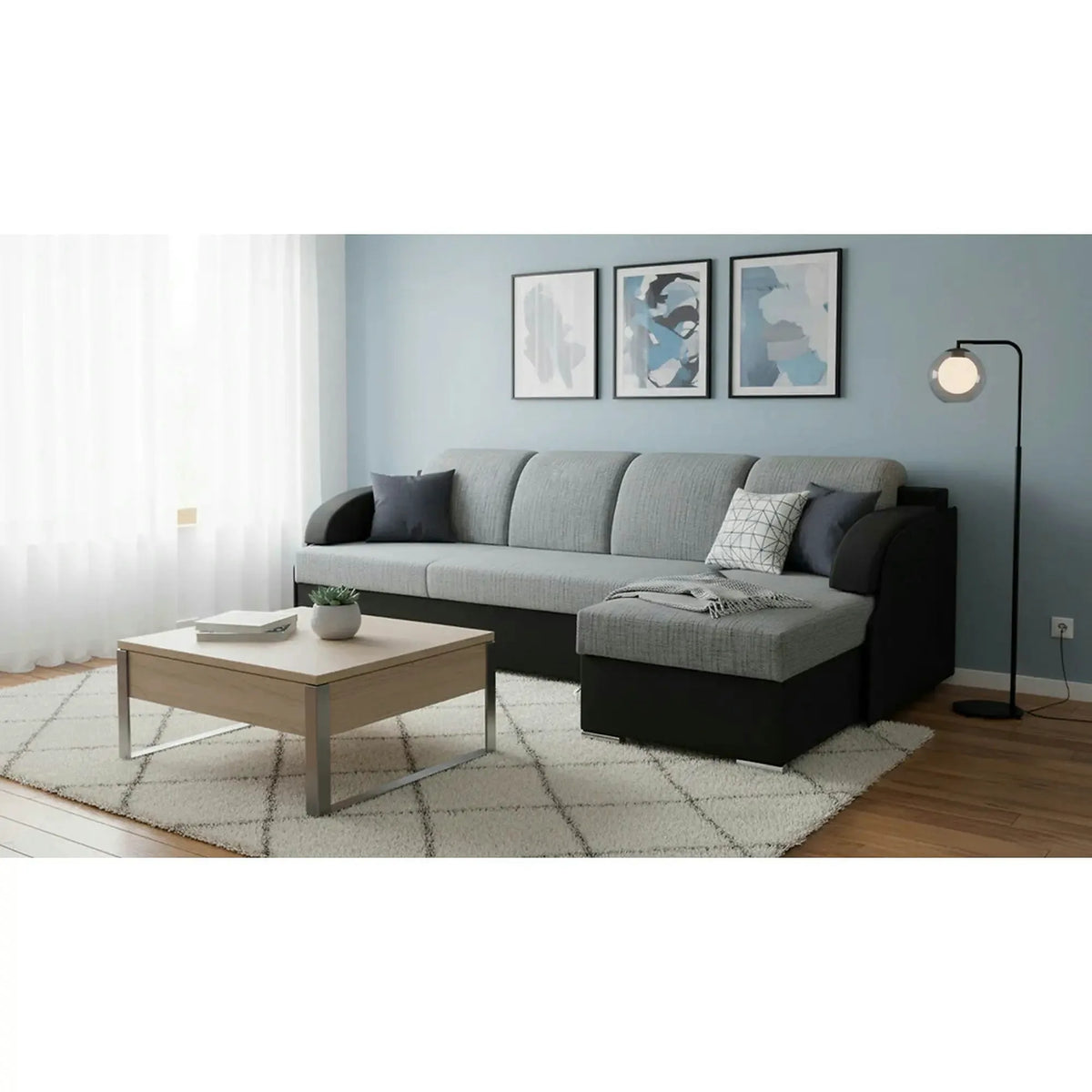 Coltar extensibil MERIN, universal, stofa catifelata negru/gri, cu lada depozitare, 205x138x89 cm