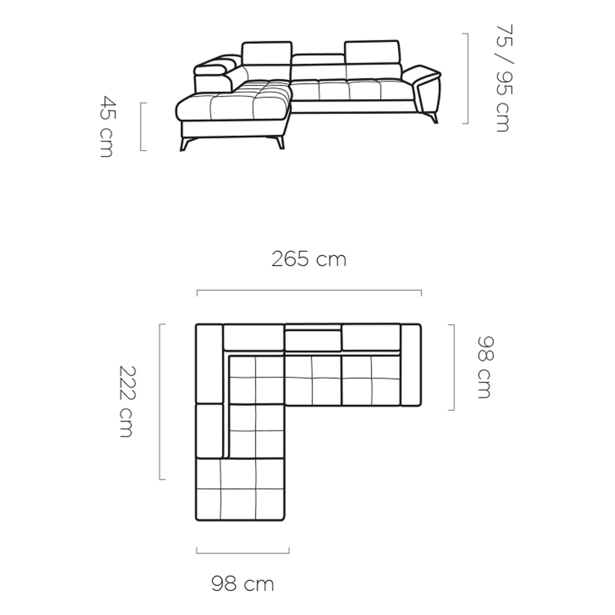 Coltar extensibil MOCCA, personalizabil materiale gama Oferta Avantaj, cu lada depozitare si tetiere reglabile, 265x222x95 cm