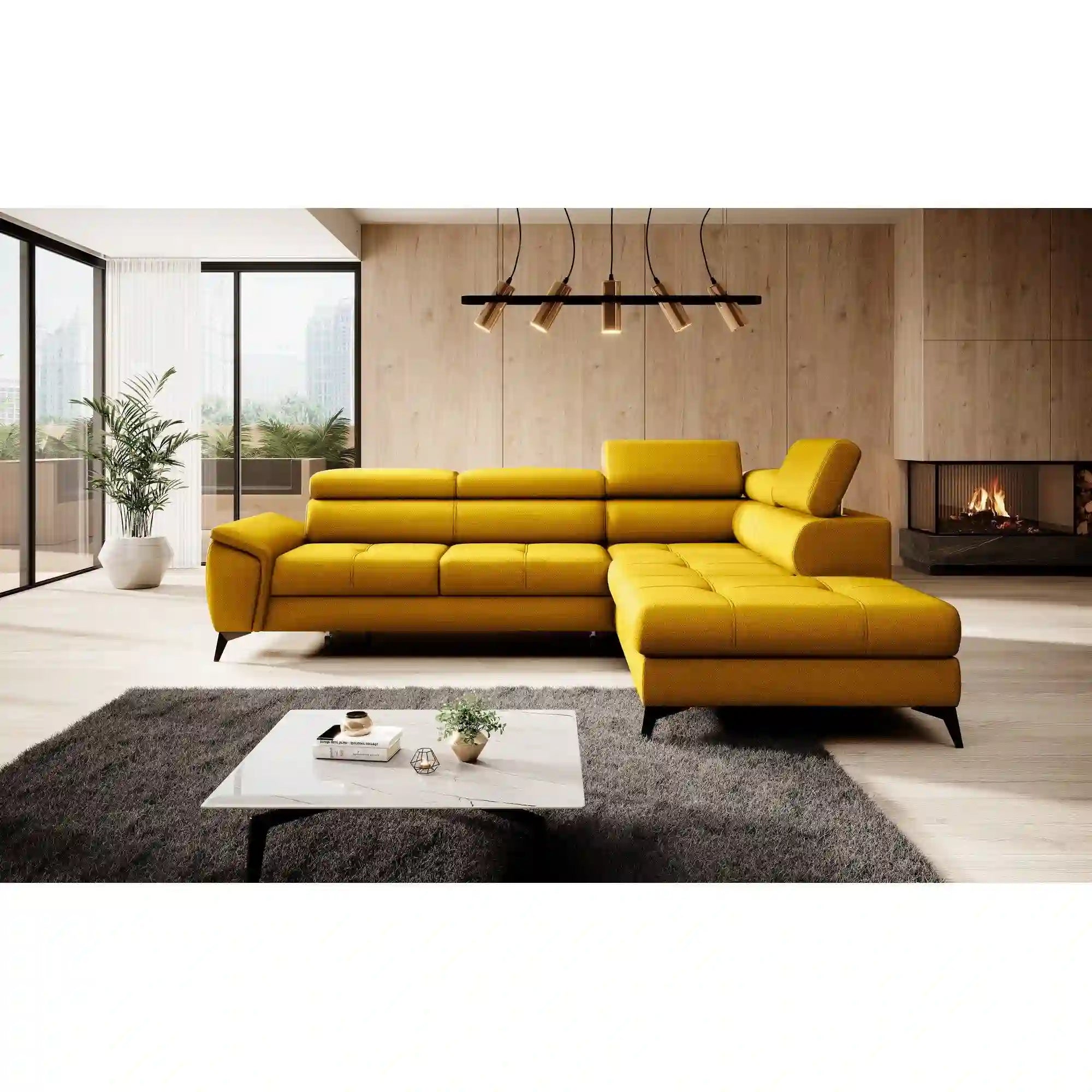 Coltar extensibil MOCCA, personalizabil materiale gama Premium, cu lada depozitare si tetiere reglabile, 265x222x95 cm