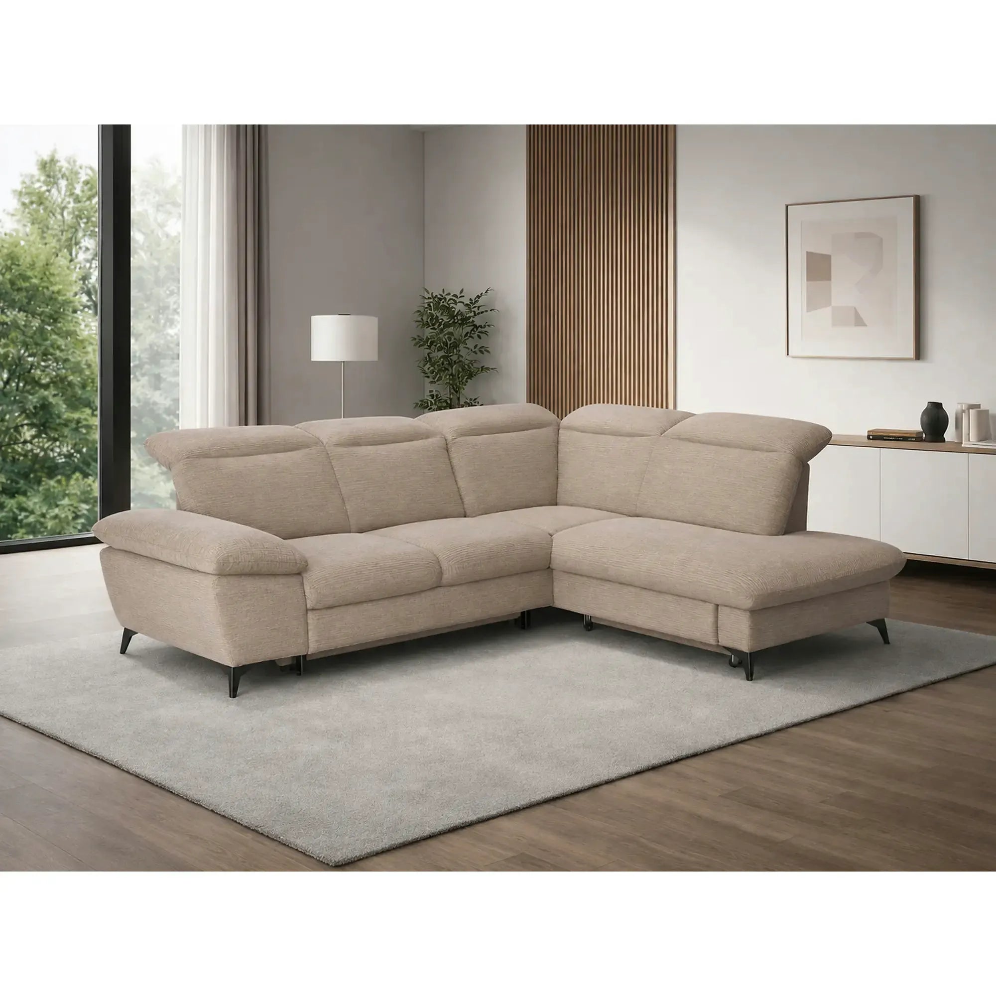 Coltar extensibil modern living LUNA, sezlong dreapta, stofa clasica bej - Campsbay R463, 268x212x101 cm