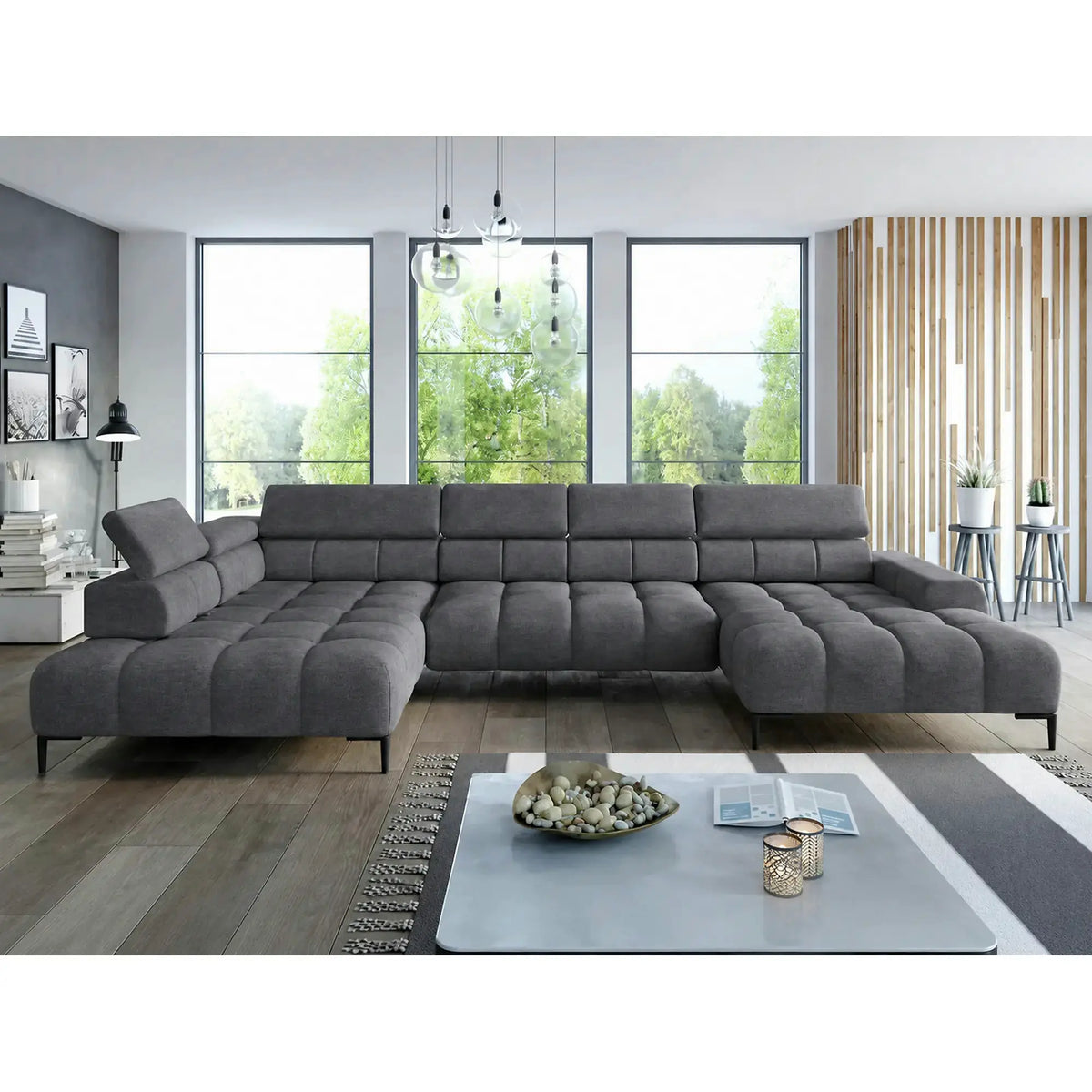 Coltar extensibil modern PLAZA XL, sezlong stanga, stofa catifelata gri inchis - Salvador 15, cu reglaj electric si tetiere reglabile, 385x216x99 cm