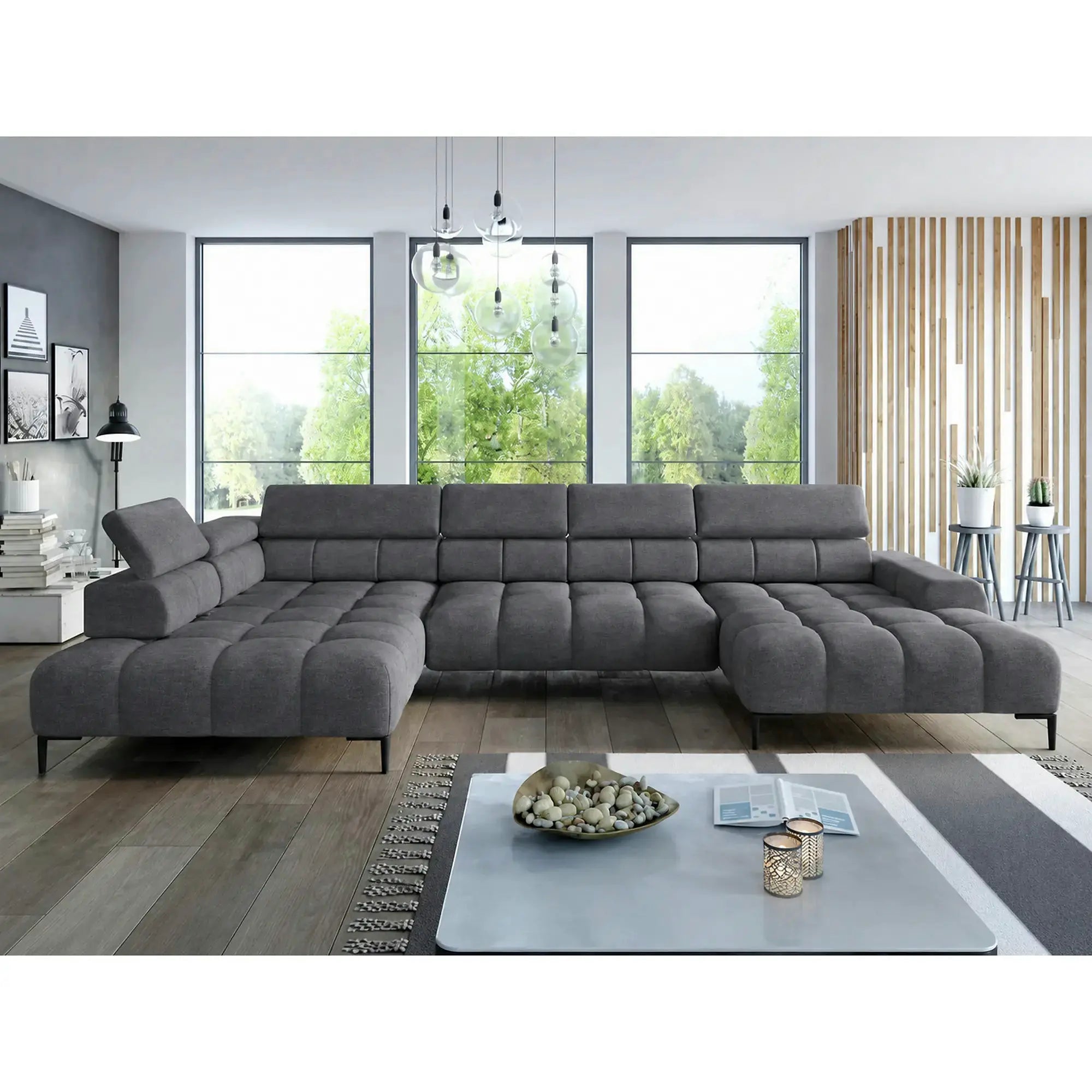 Coltar extensibil modern PLAZA XL, sezlong stanga, stofa catifelata gri inchis - Salvador 15, cu reglaj electric si tetiere reglabile, 385x216x99 cm