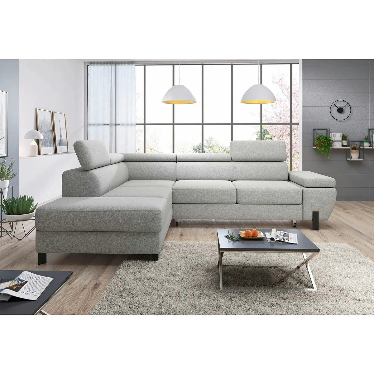 Coltar extensibil MOLINA L, personalizabil, cu lada depozitare si tetiere reglabile, 263x210x90 cm