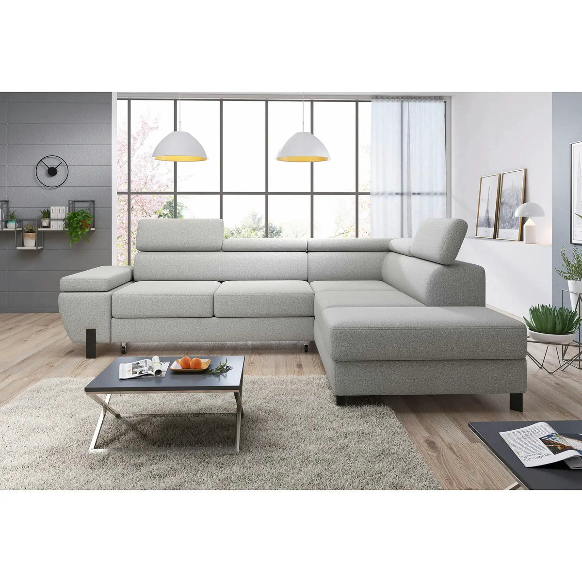 Coltar extensibil MOLINA L, personalizabil, cu lada depozitare si tetiere reglabile, 263x210x90 cm