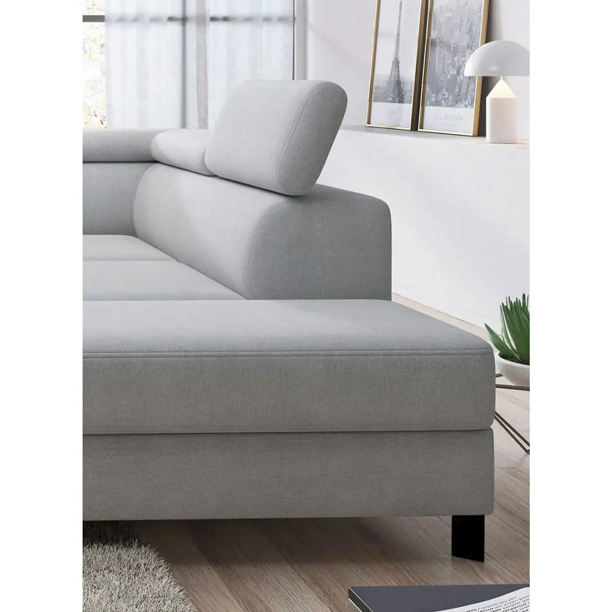 Coltar extensibil MOLINA L, personalizabil, cu lada depozitare si tetiere reglabile, 263x210x90 cm