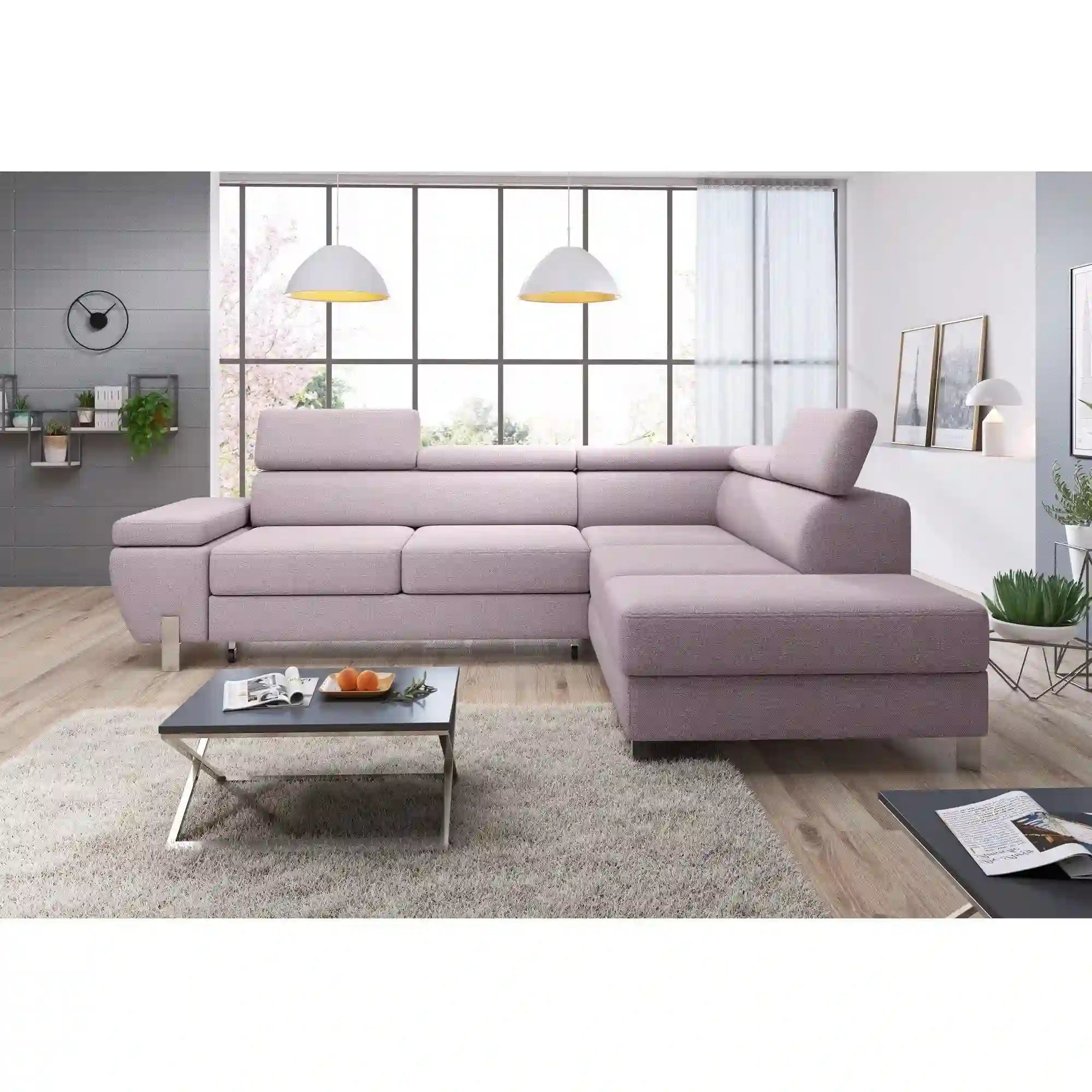 Coltar extensibil MOLINA L, personalizabil materiale gama Premium, cu lada depozitare si tetiere reglabile, 263x210x90 cm