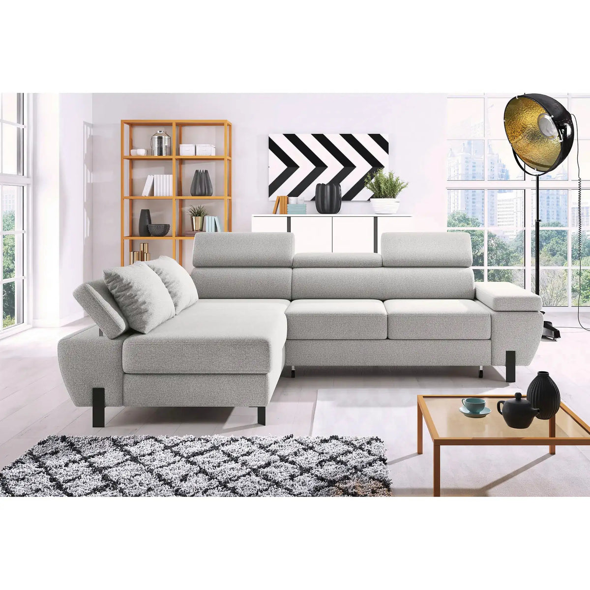 Coltar extensibil MOLINA MINI, personalizabil, cu lada depozitare si tetiere reglabile, 277x189x90 cm