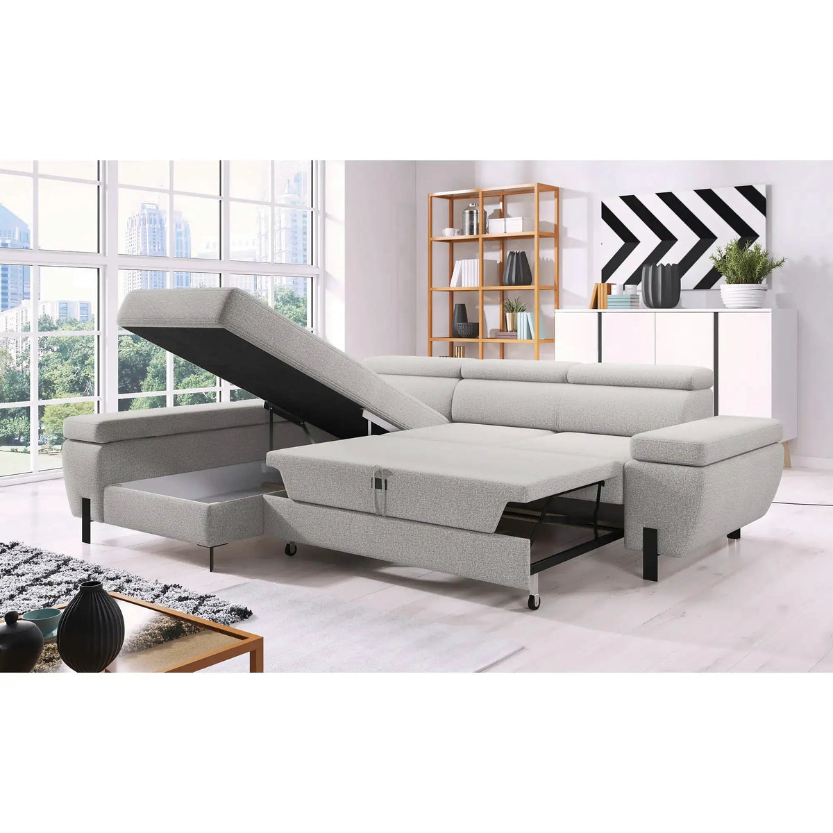 Coltar extensibil MOLINA MINI, personalizabil, cu lada depozitare si tetiere reglabile, 277x189x90 cm