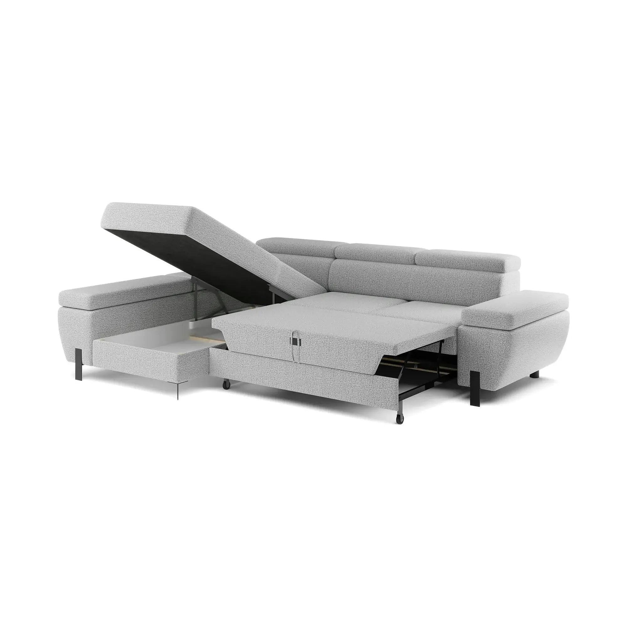 Coltar extensibil MOLINA MINI, personalizabil, cu lada depozitare si tetiere reglabile, 277x189x90 cm