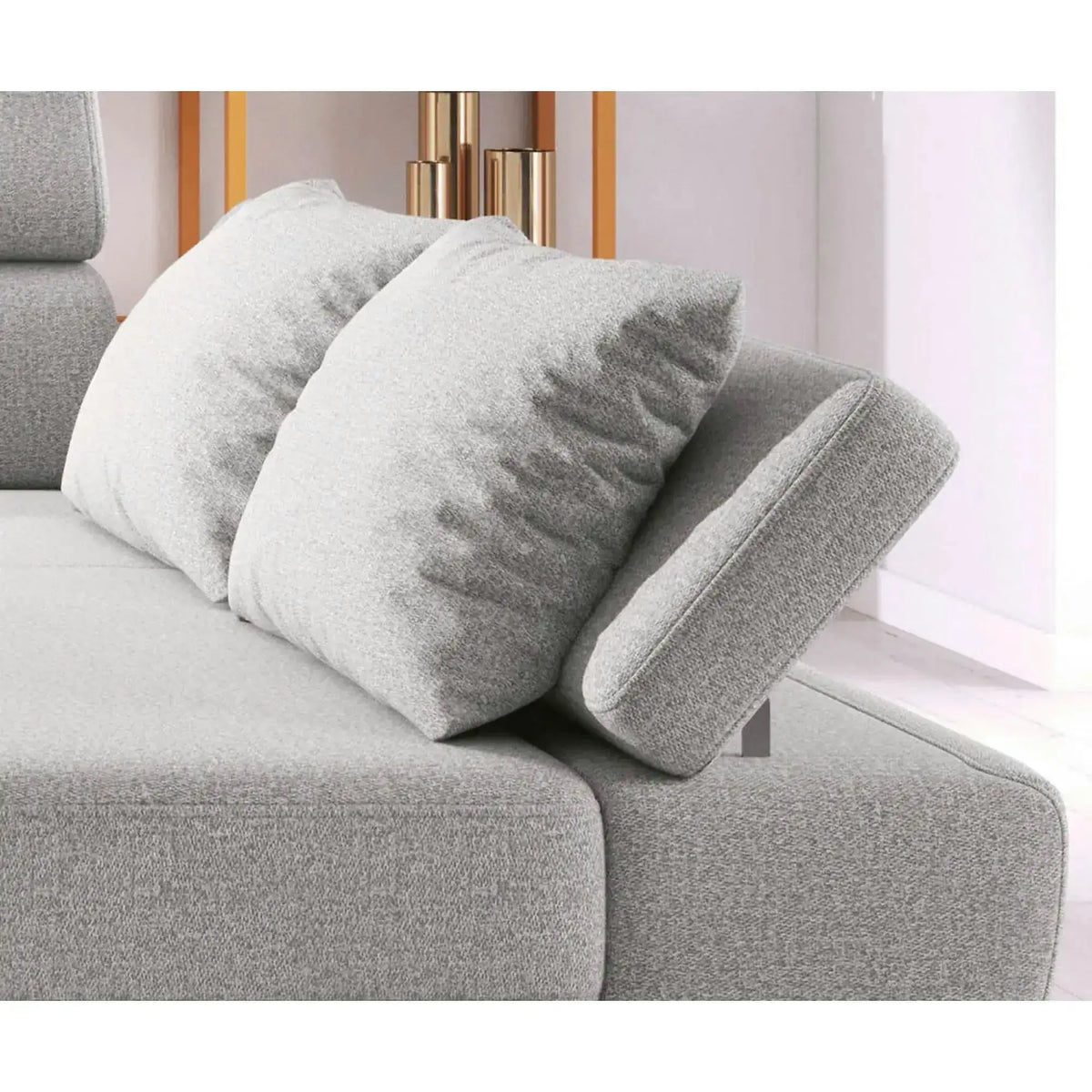 Coltar extensibil MOLINA MINI, personalizabil, cu lada depozitare si tetiere reglabile, 277x189x90 cm
