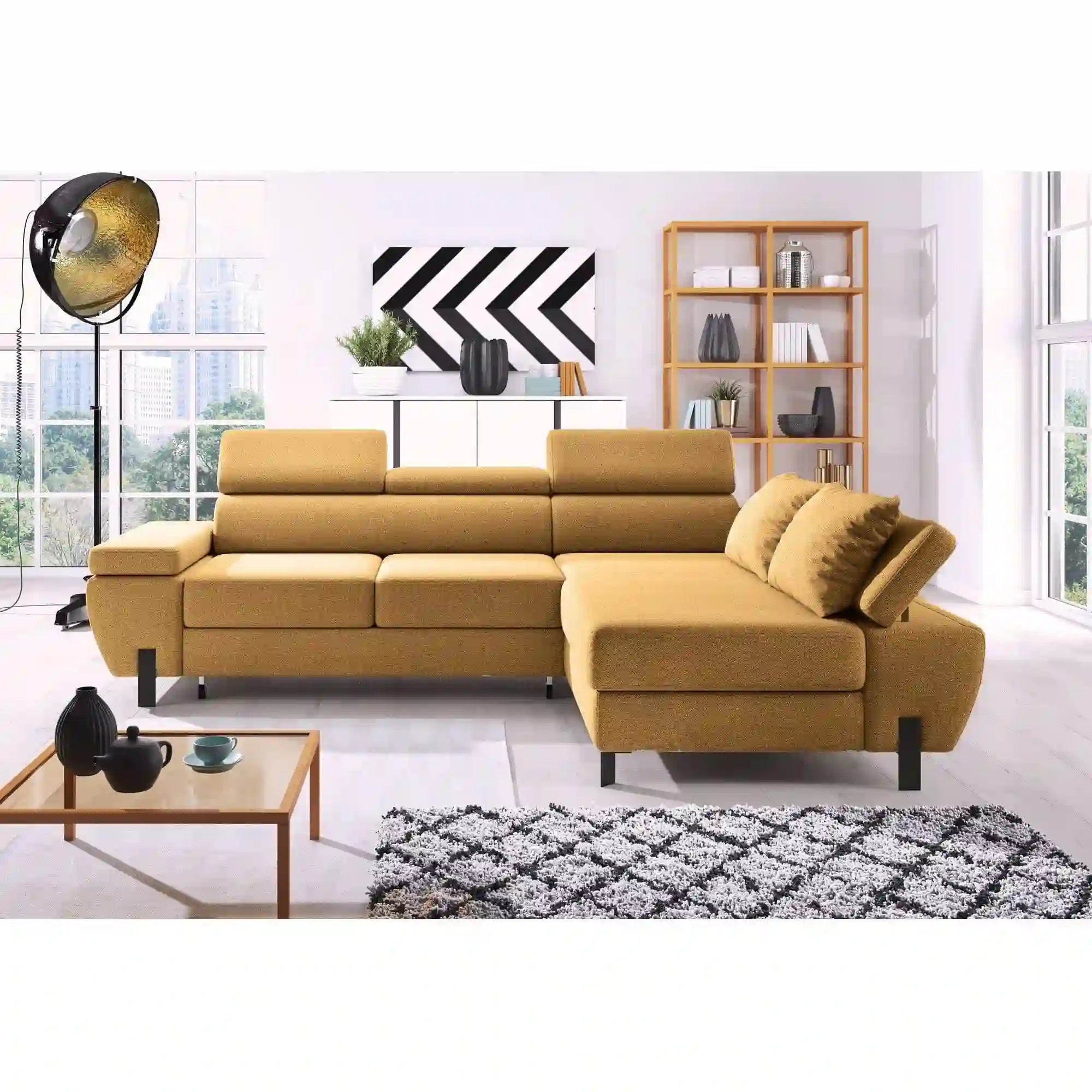 Coltar extensibil MOLINA MINI, personalizabil materiale gama Oferta Avantaj, cu lada depozitare si tetiere reglabile, 277x189x90 cm