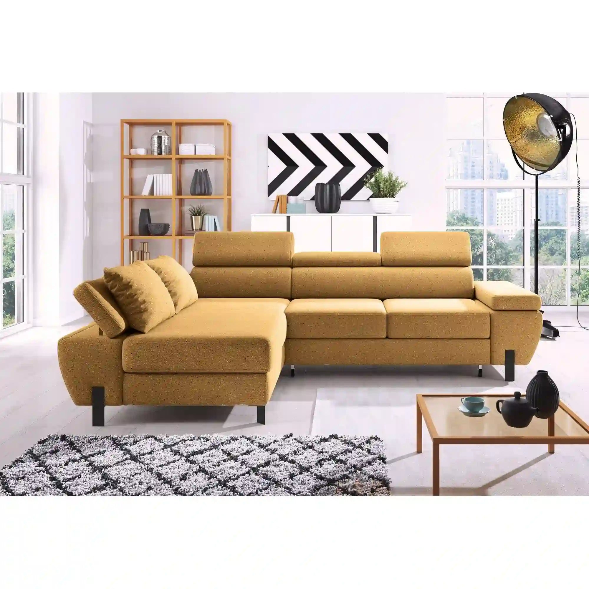 Coltar extensibil MOLINA MINI, personalizabil materiale gama Oferta Avantaj, cu lada depozitare si tetiere reglabile, 277x189x90 cm