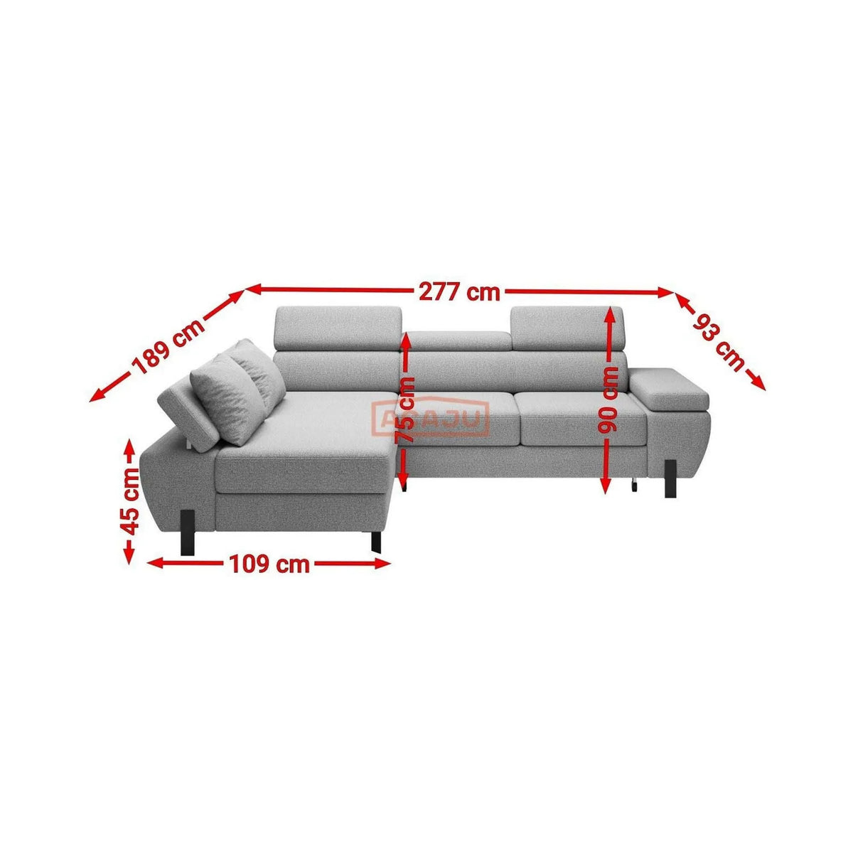 Coltar extensibil MOLINA MINI, personalizabil materiale gama Premium, cu lada depozitare si tetiere reglabile, 277x189x90 cm