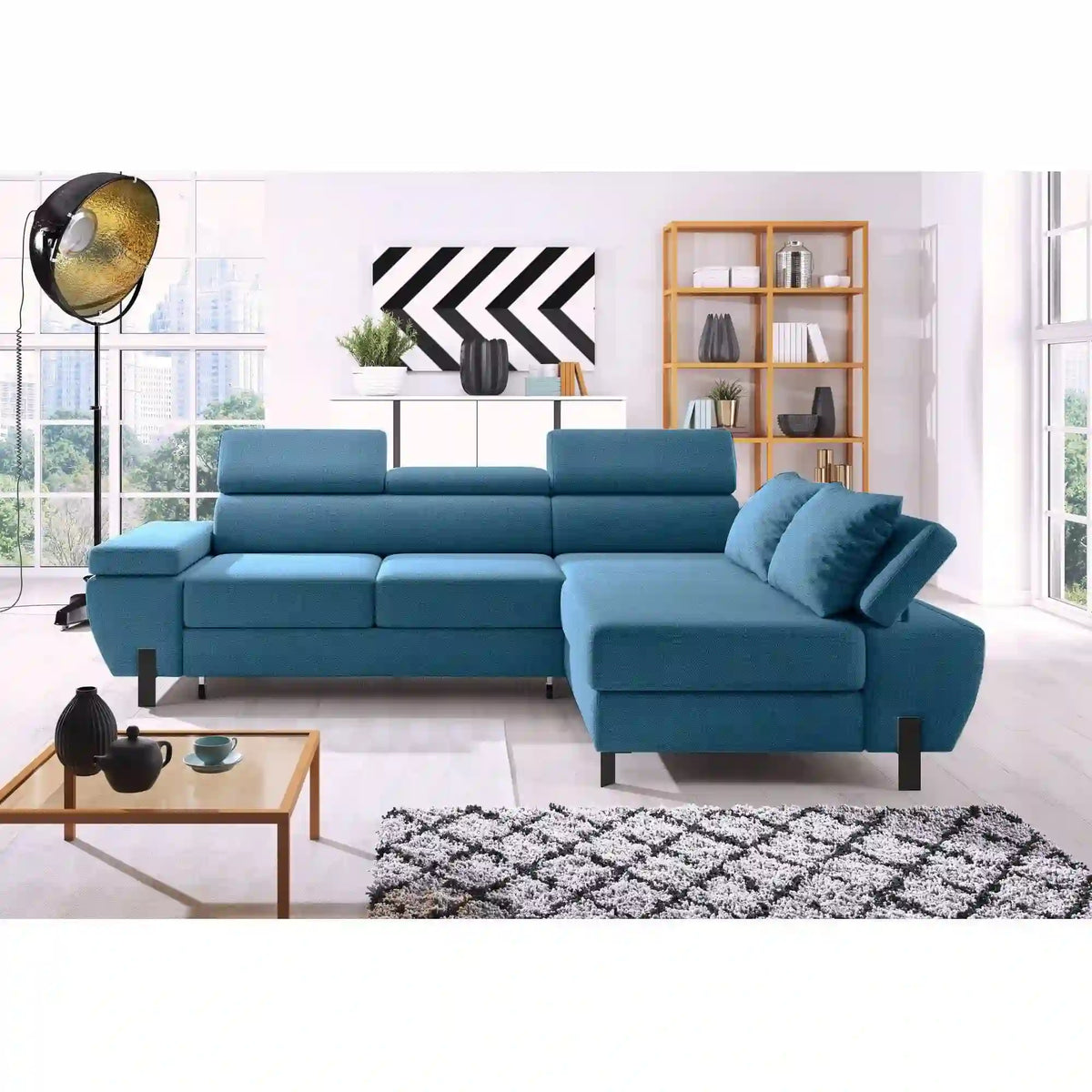 Coltar extensibil MOLINA MINI, personalizabil materiale gama Premium, cu lada depozitare si tetiere reglabile, 277x189x90 cm