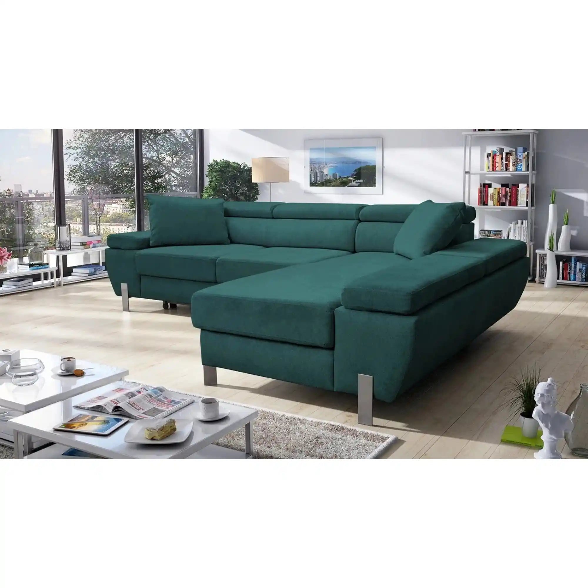 Coltar extensibil MOLINA MINI, sezlong dreapta, stofa catifelata verde - Element 20, Gama Premium, cu lada depozitare, 277x189x90 cm