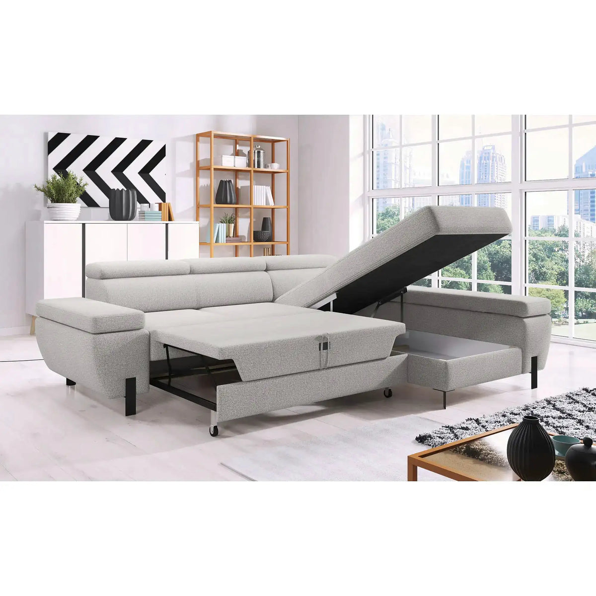Coltar extensibil MOLINA MINI, sezlong dreapta, stofa gri deschis - Austin 18, cu lada depozitare, 277x189x90 cm