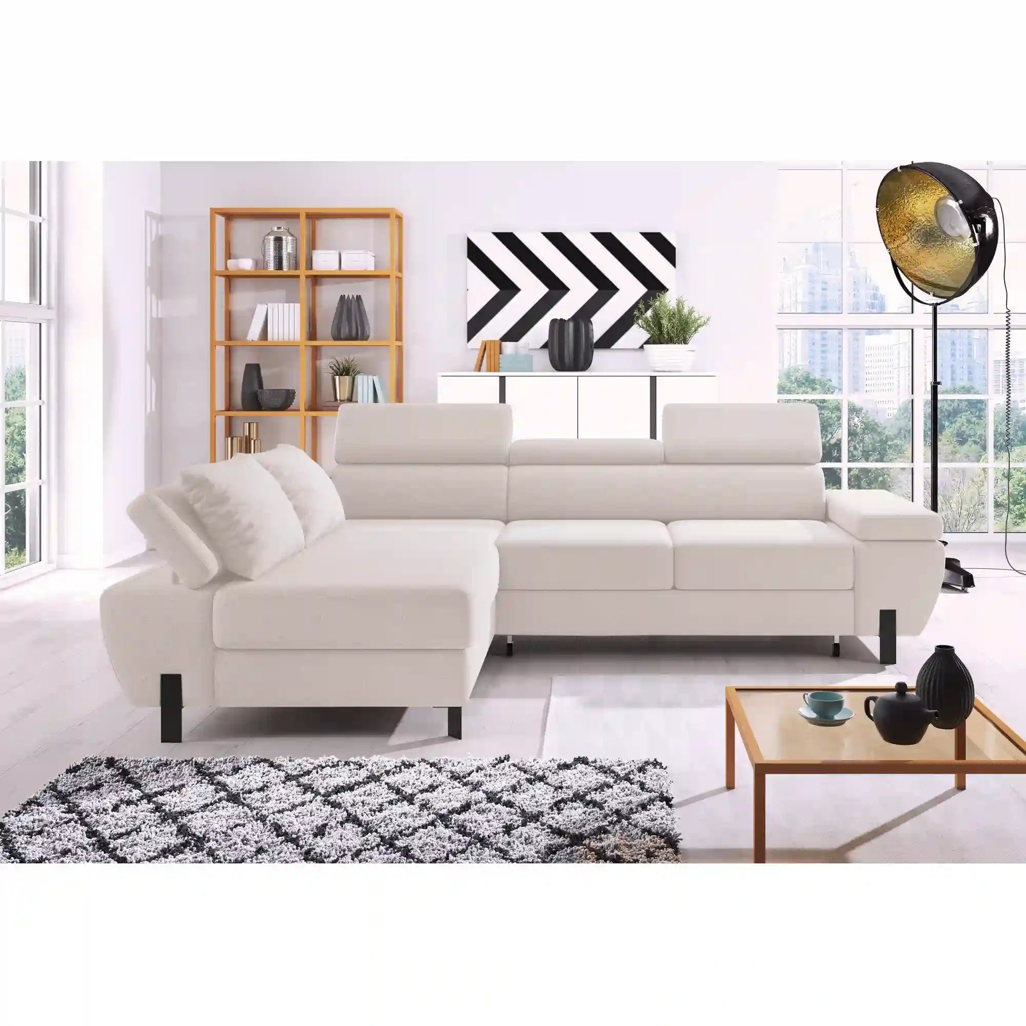 Coltar extensibil MOLINA MINI, sezlong stanga, stofa catifelata bej - Palladium 02, Gama Premium, cu lada depozitare, 277x189x90 cm