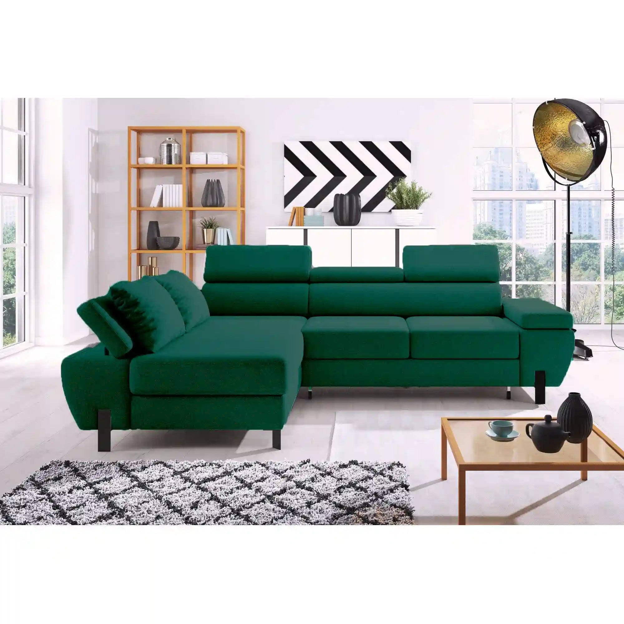 Coltar extensibil MOLINA MINI, sezlong stanga, stofa catifelata verde - Monolith 37, cu lada depozitare, 277x189x90 cm