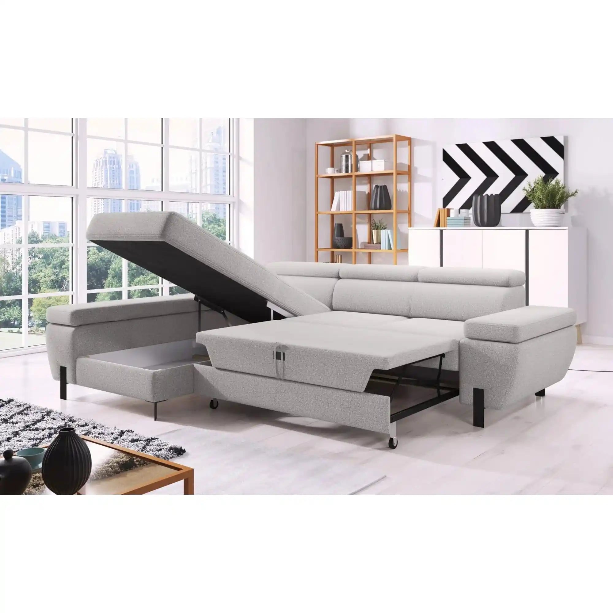 Coltar extensibil MOLINA MINI, sezlong stanga, stofa catifelata verde - Monolith 37, cu lada depozitare, 277x189x90 cm