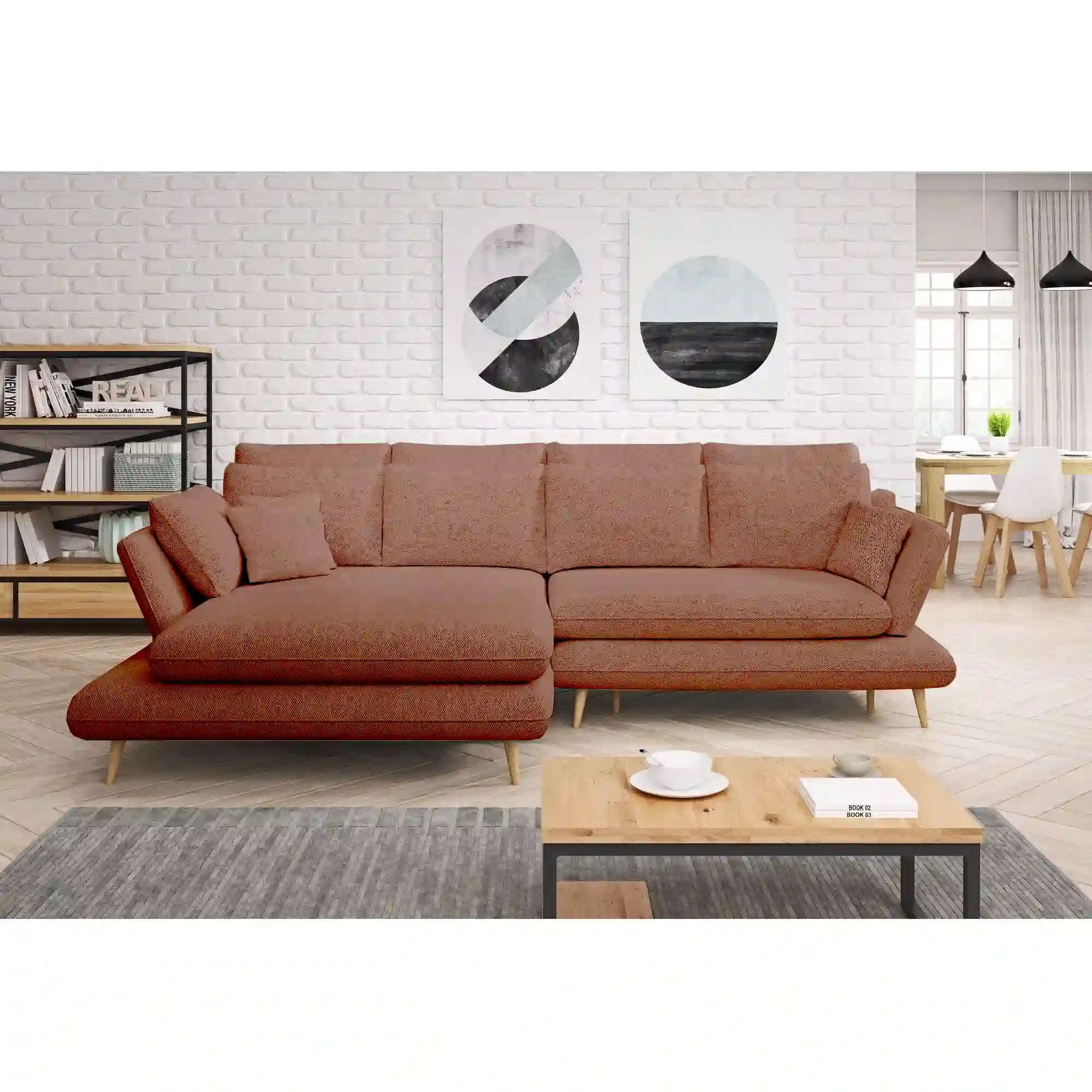 Coltar extensibil MONTE, sezlong stanga, stofa catifelata crem - Riviera 21, Gama Premium, cu lada depozitare, 283x181x90 cm