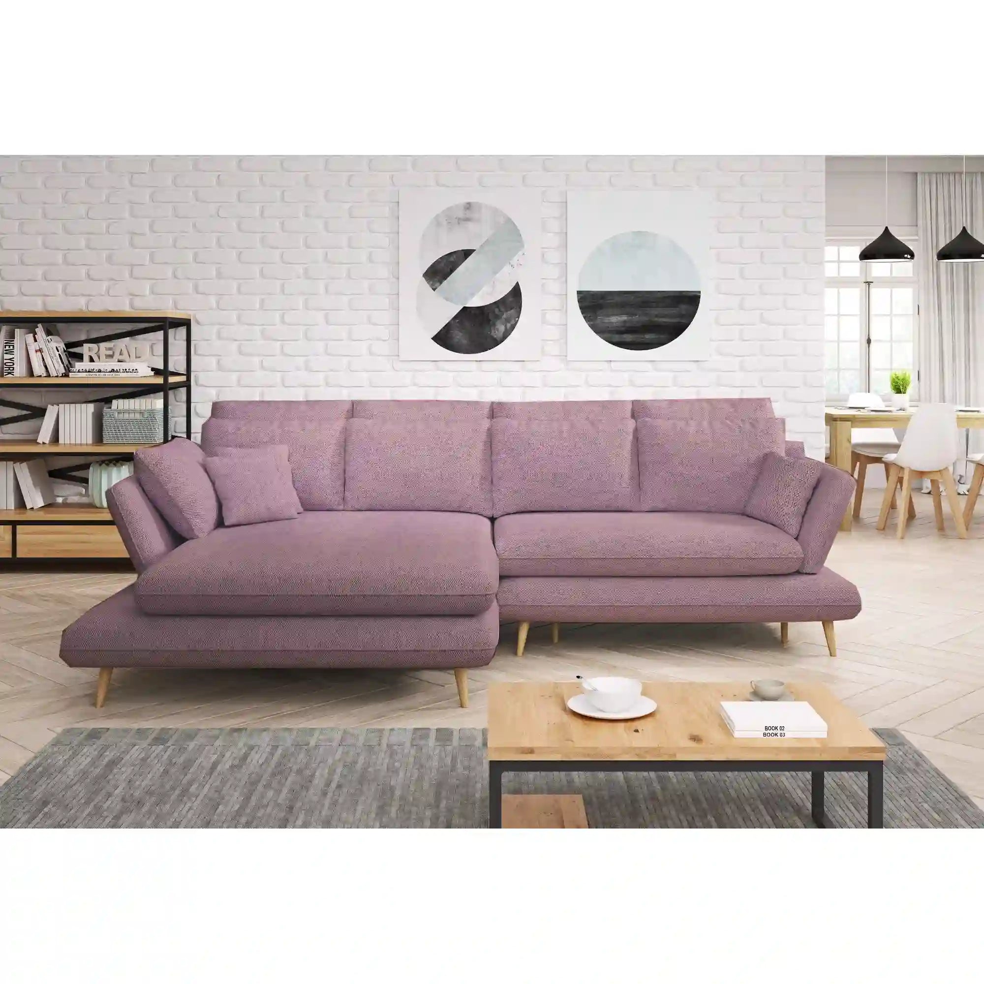 Coltar extensibil MONTE, sezlong stanga, stofa catifelata roz - Riviera 62, Gama Premium, cu lada depozitare, 283x181x90 cm