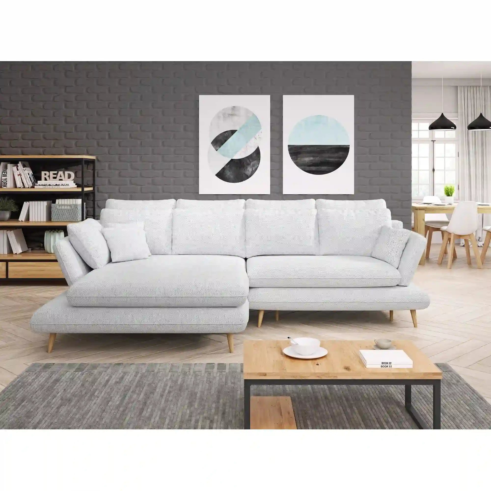 Coltar extensibil MONTE, sezlong stanga, stofa catifelata roz - Riviera 62, Gama Premium, cu lada depozitare, 283x181x90 cm