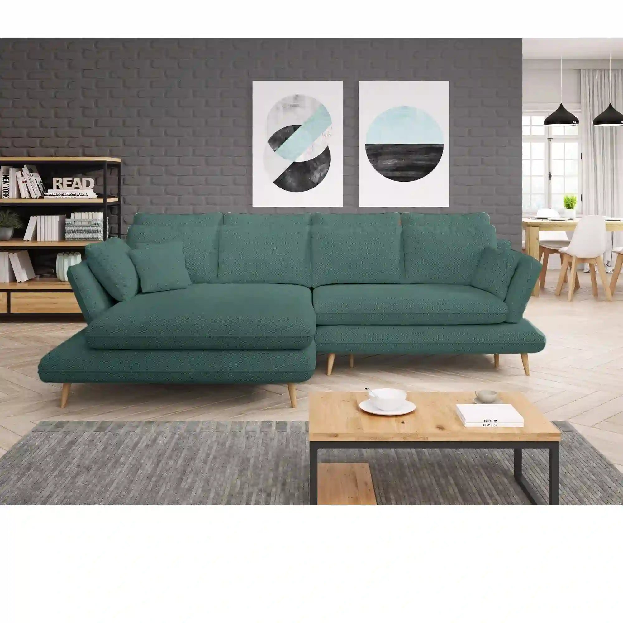 Coltar extensibil MONTE, sezlong stanga, stofa catifelata verde marin - Terra 72, Gama Premium, cu lada depozitare, 283x181x90 cm
