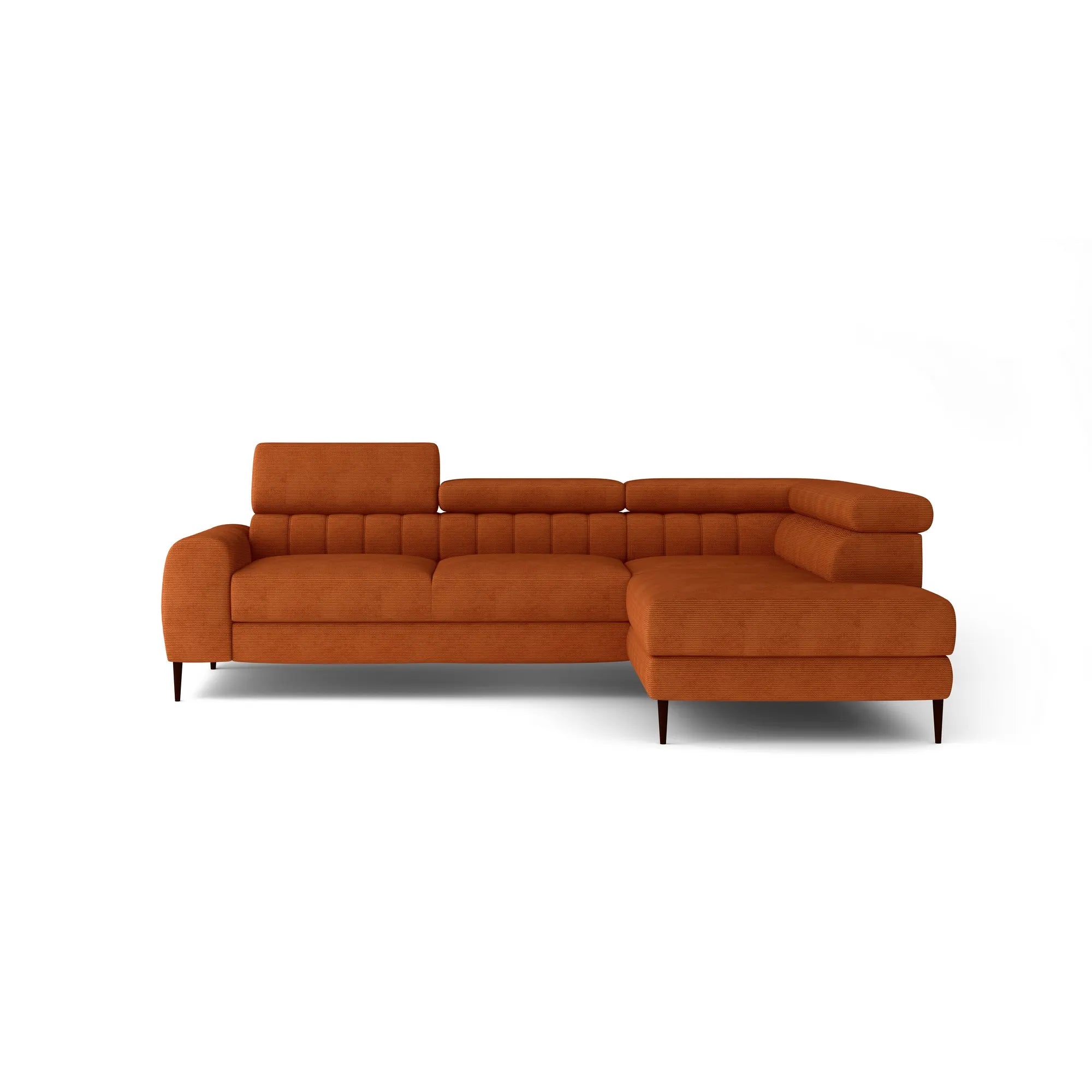 Coltar extensibil NAVAS L, sezlong dreapta, stofa clasica maro - Rosario 471, Gama Premium, cu lada depozitare si tetiere reglabile, 246x175x86 cm