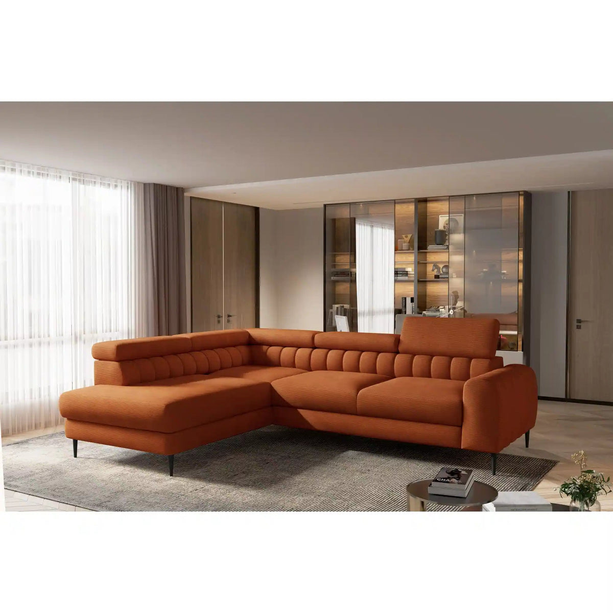 Coltar extensibil NAVAS L, personalizabil materiale Gama Premium, cu lada depozitare si tetiere reglabile, 246x175x86 cm