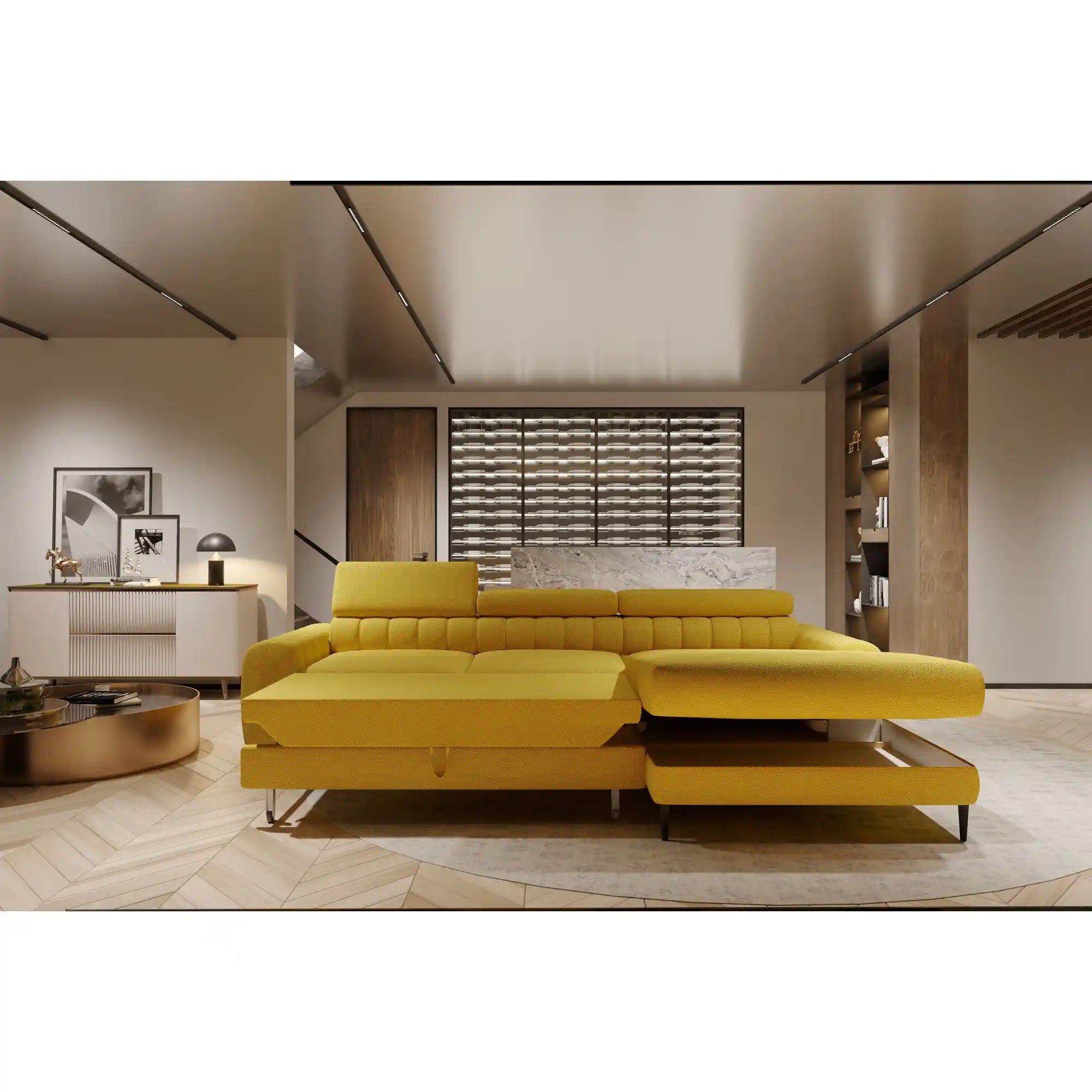 Coltar extensibil NAVAS MINI, personalizabil materiale Gama Premium, cu lada depozitare si tetiere reglabile, 240x165x86 cm