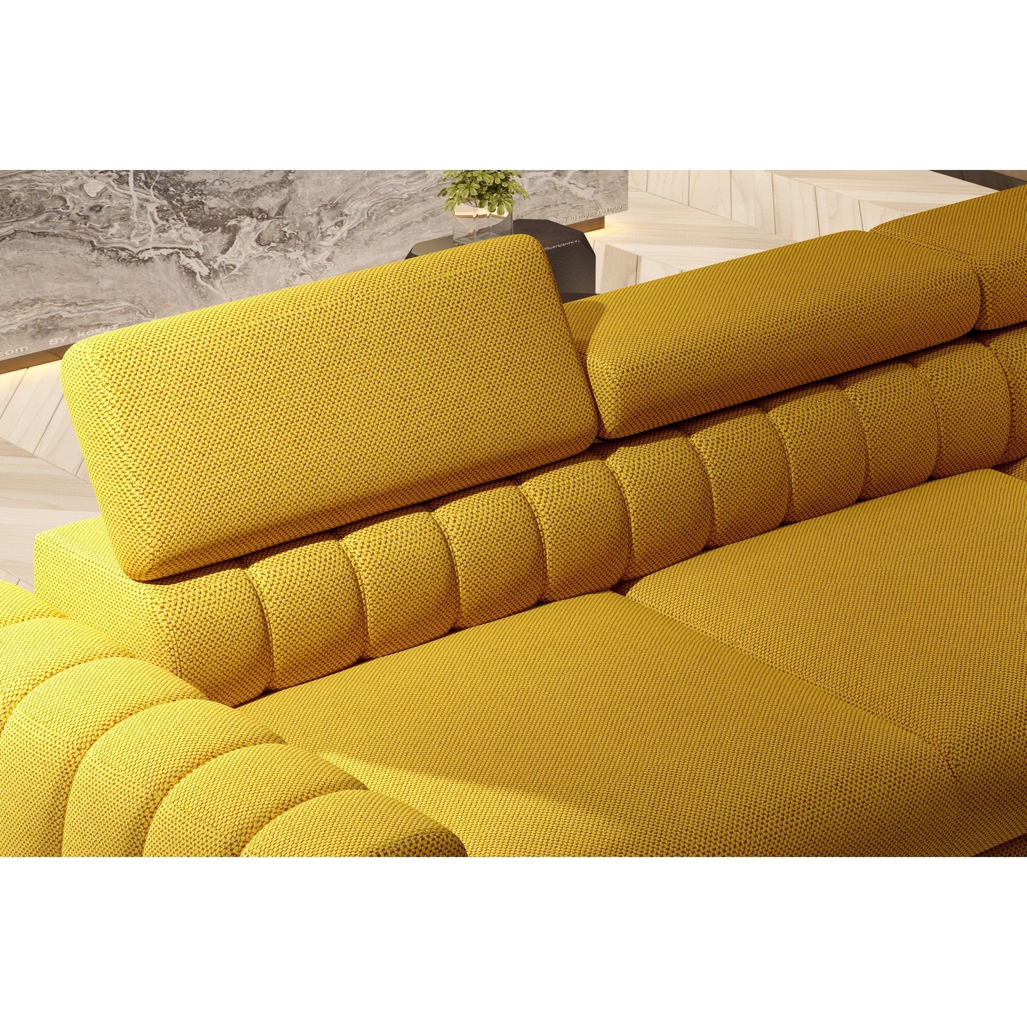 Coltar extensibil NAVAS MINI, sezlong dreapta, stofa catifelata albastru inchis - Lounge 13, Gama Premium, cu lada depozitare si tetiere reglabile, 240x165x86 cm