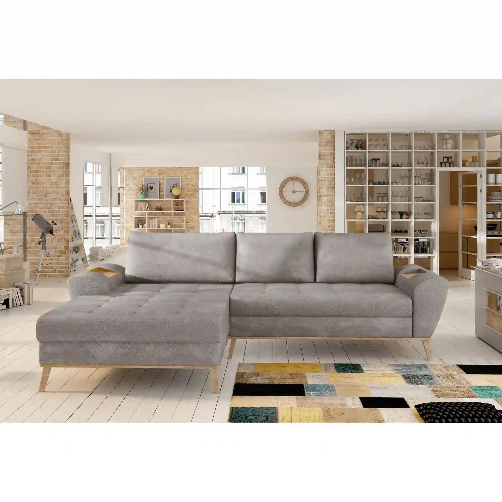 Coltar extensibil NUBO, sezlong stanga, stofa catifelata verde inchis - Terra 39, cu lada depozitare, 282x175x86 cm