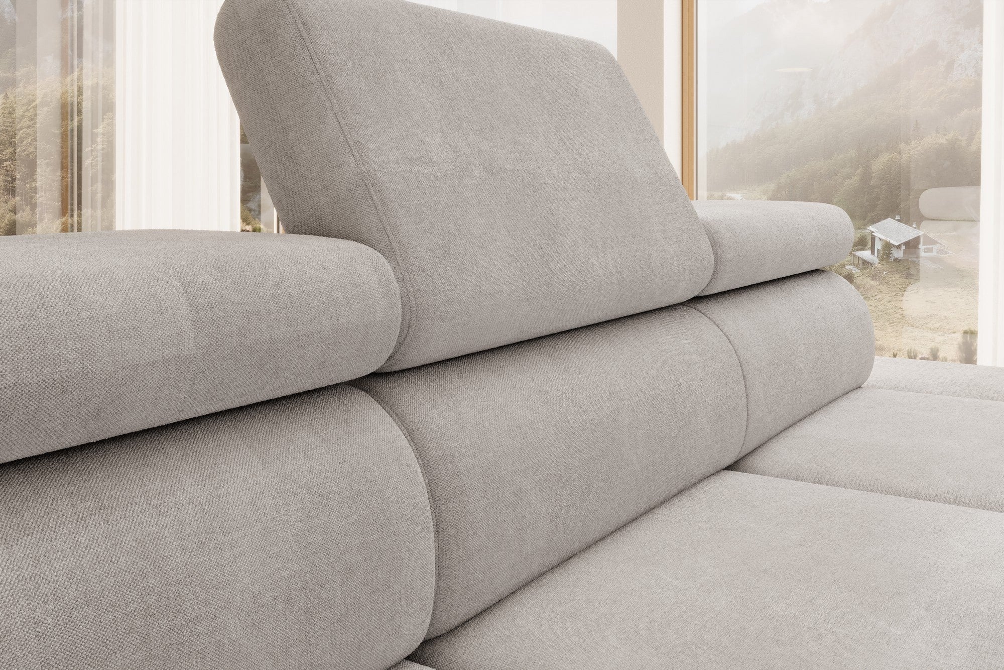 Coltar extensibil OTIS, personalizabil materiale Oferta Avantaj, cu lada depozitare si tetiere reglabile, 276x218x97 cm