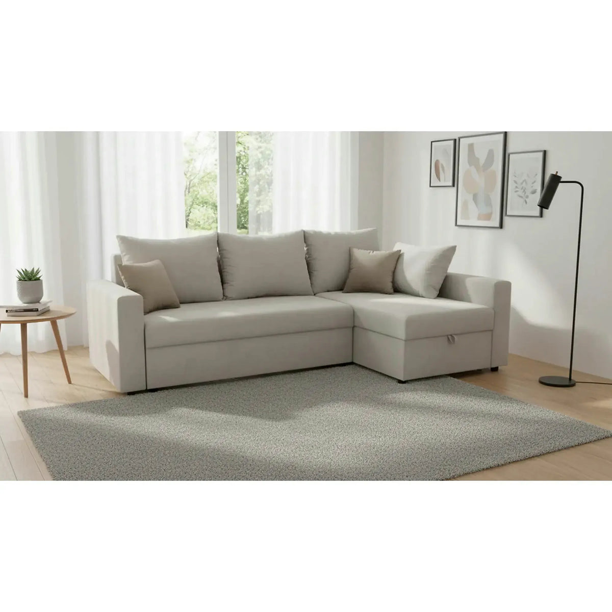 Coltar extensibil PREZEMEK IV, universal, stofa clasica bej, cu lada depozitare, 240x138x89 cm