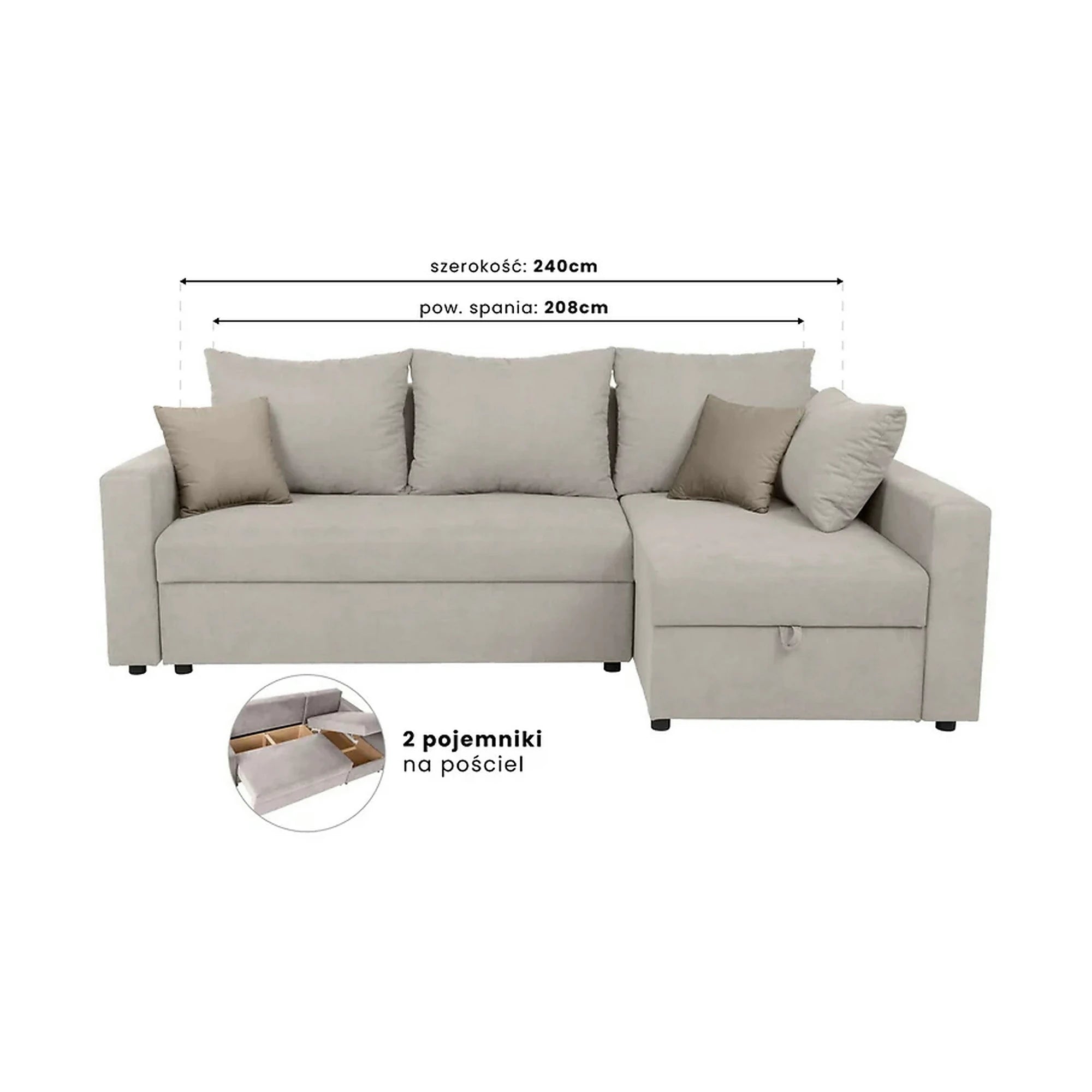 Coltar extensibil PREZEMEK IV, universal, stofa clasica bej, cu lada depozitare, 240x138x89 cm