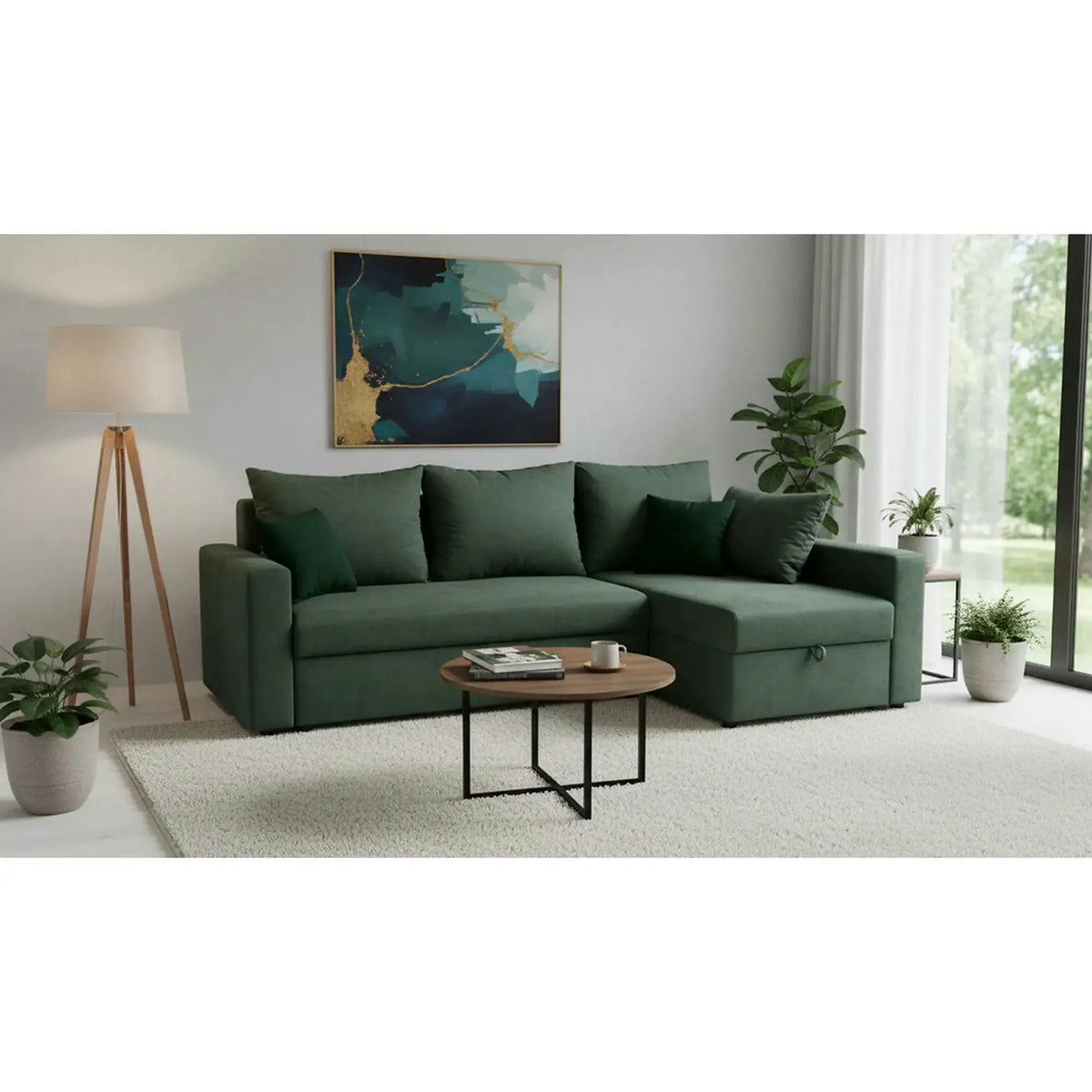 Coltar extensibil PREZEMEK IV, universal, stofa clasica verde, cu lada depozitare, 240x138x89 cm