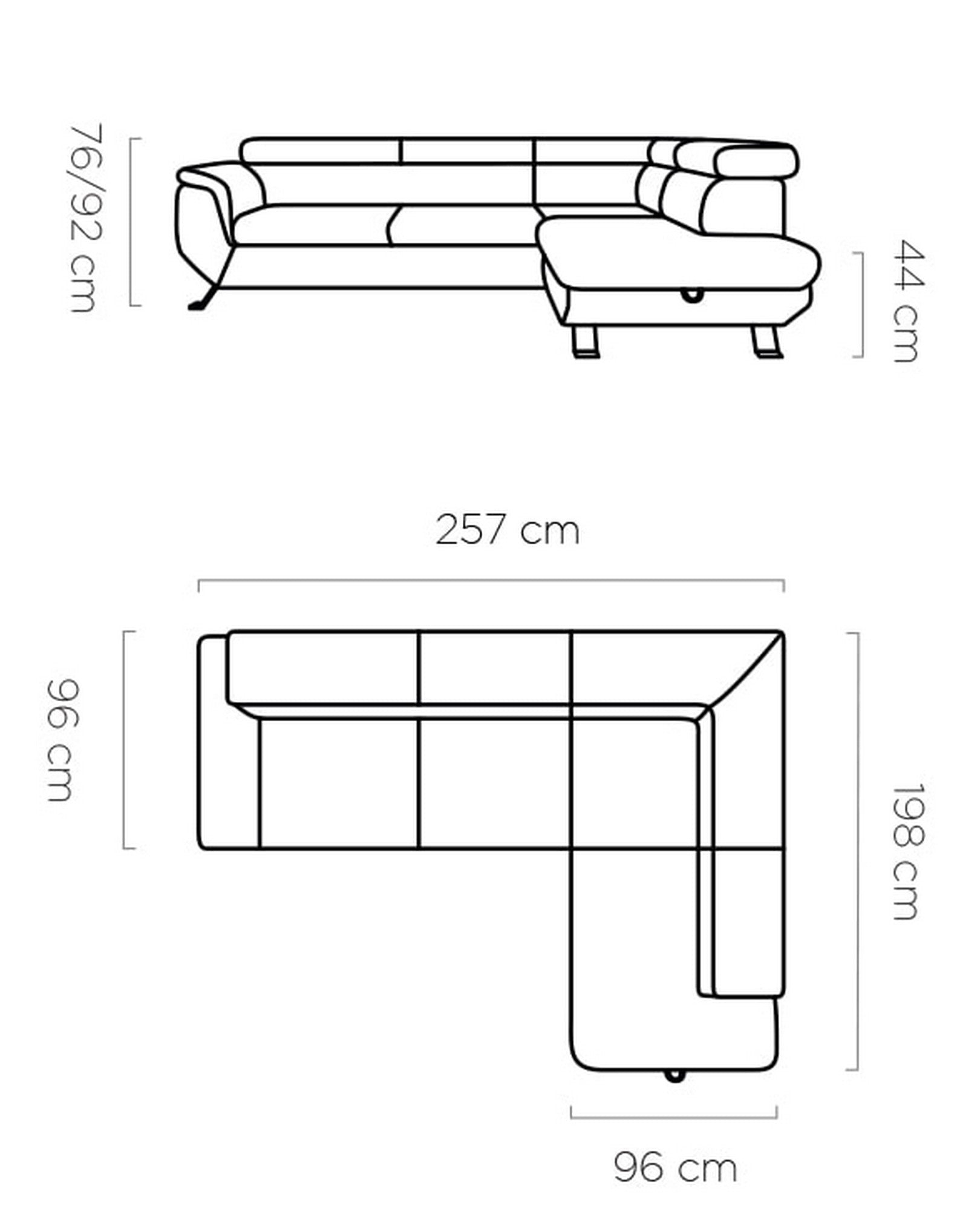 Coltar extensibil RAVEN L, personalizabil materiale Gama Premium, cu lada depozitare, 257x198x92 cm