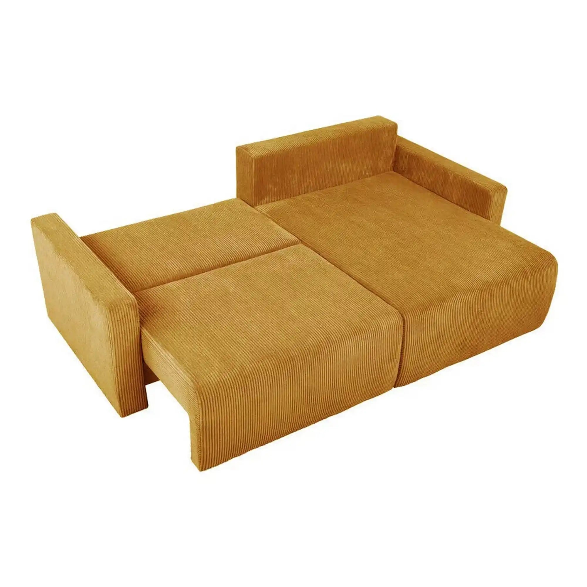 Coltar extensibil RUFIO, universal, stofa catifelata galben - Paso 01, cu lada depozitare, 230x146x91 cm