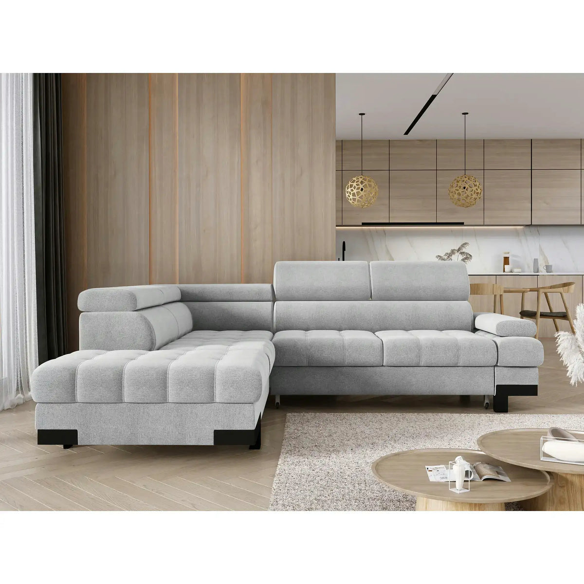 Coltar extensibil SELVA L, personalizabil, cu lada depozitare si tetiere reglabile, 263x223x95 cm